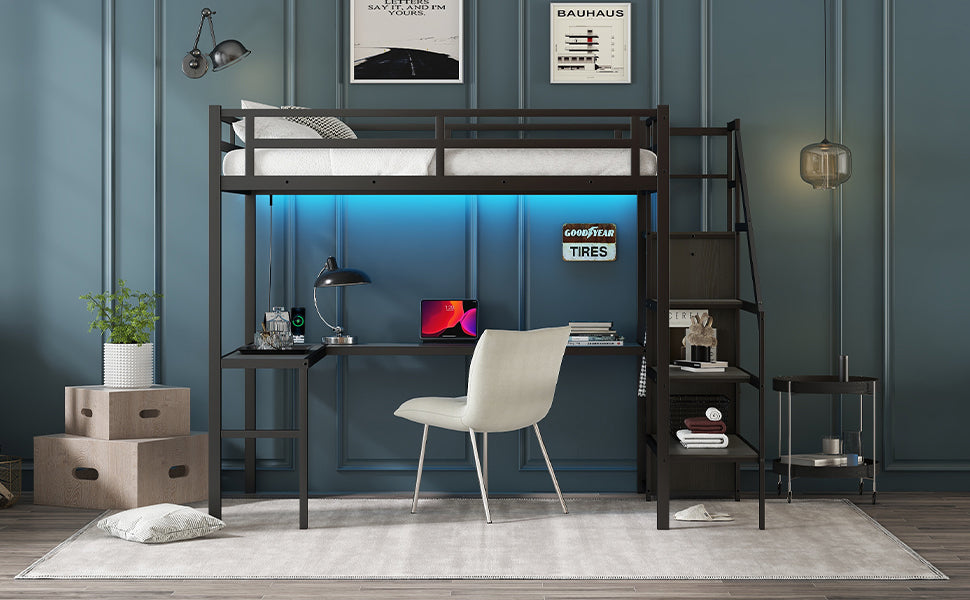 Full Size Loft Bed with L-shaped Desk and USB, Metal Loft Bed with Wardrobe and Adjustable Shelf, High Loft Bed with LED for Kids Teens Adults, Black