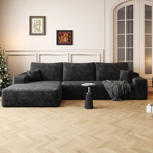 Black 107-inch L-shape corduroy sectional sofa, full front view