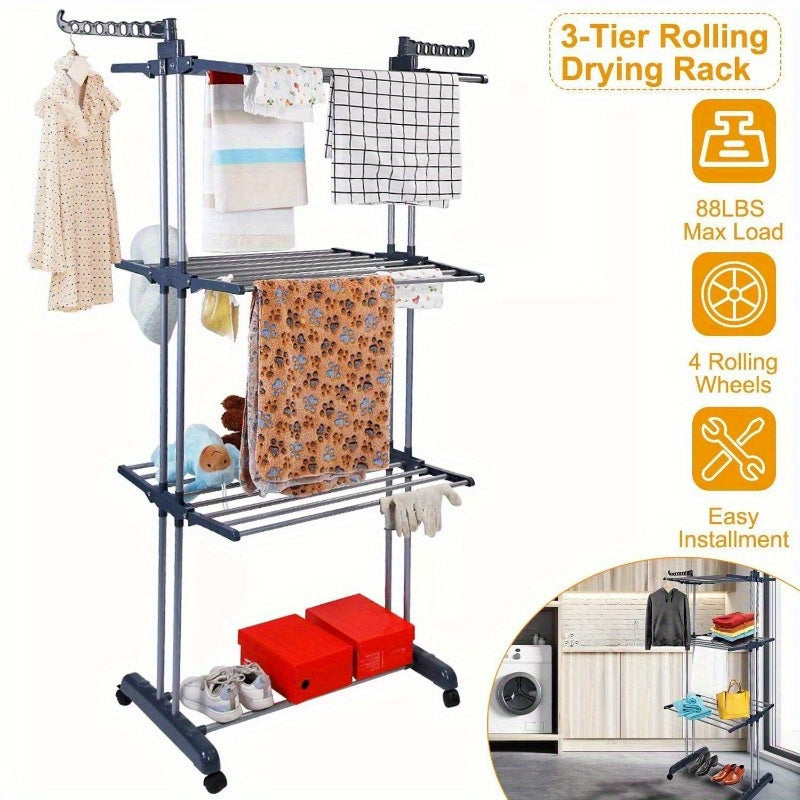 3-Tier Collapsible Laundry Organizer Drying Rack Shoe Clothes Dryer Hanger Stand