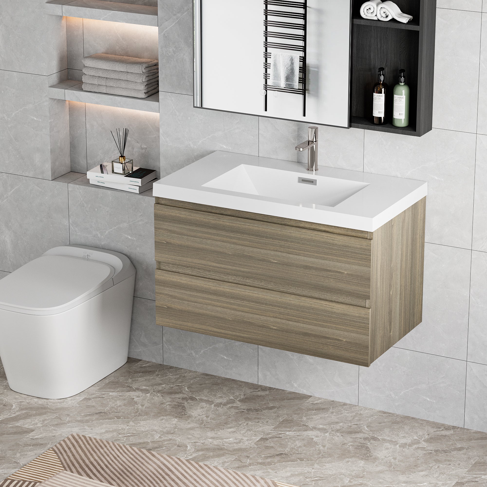 36" Floating Bathroom Vanity with Sink, Modern Wall-Mounted Bathroom Storage Vanity Cabinet with Resin Top Basin and Soft Close Drawers, Ash Grey 24V11-36AG