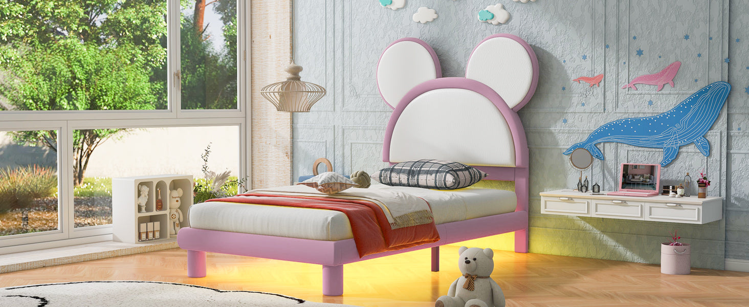 Twin Size Upholstered Platform Bed with Cartoon Ears Shaped Headboard and LED, White&Pink