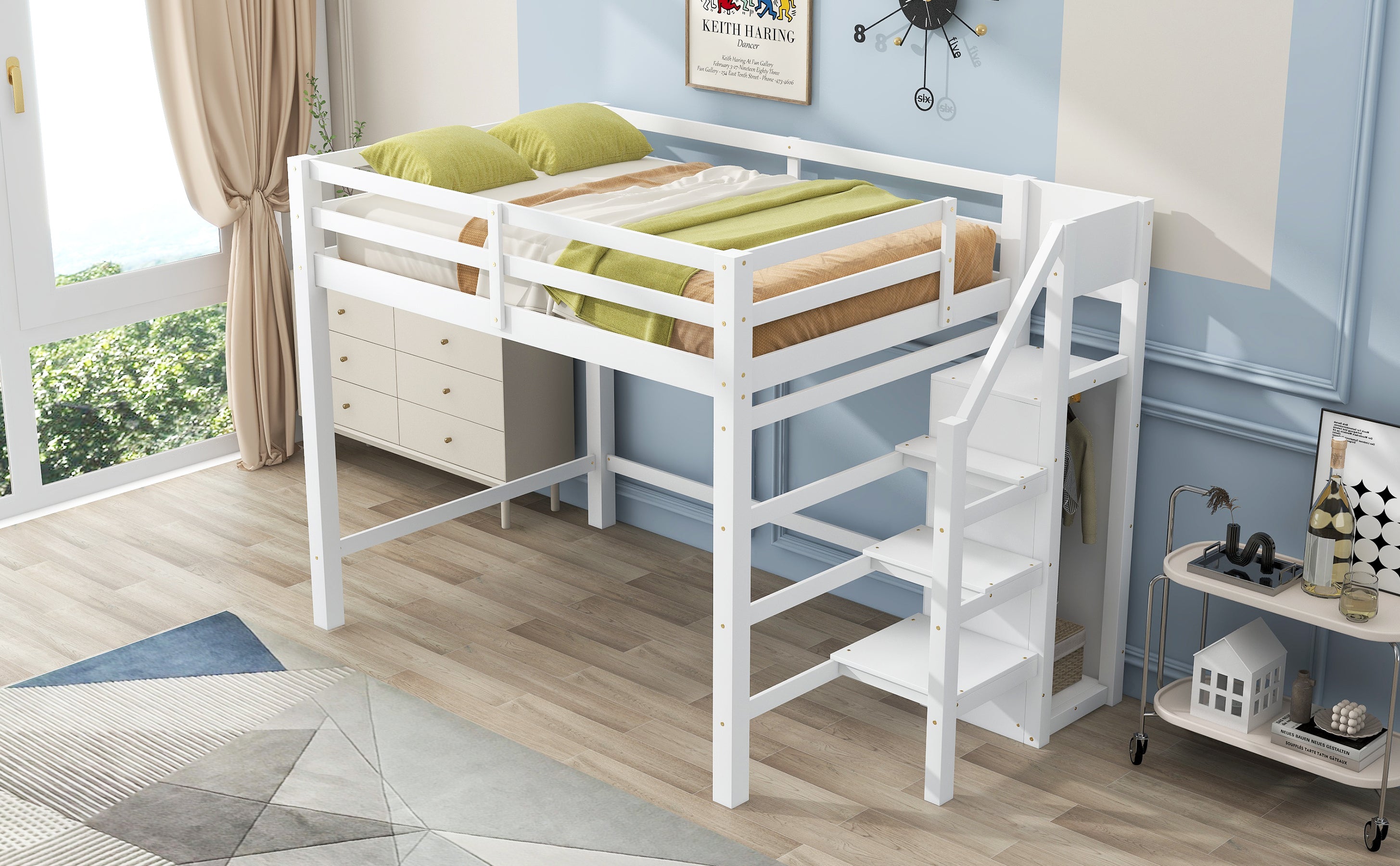 Full Size Loft Bed with Built-in Storage Wardrobe and Staircase, White