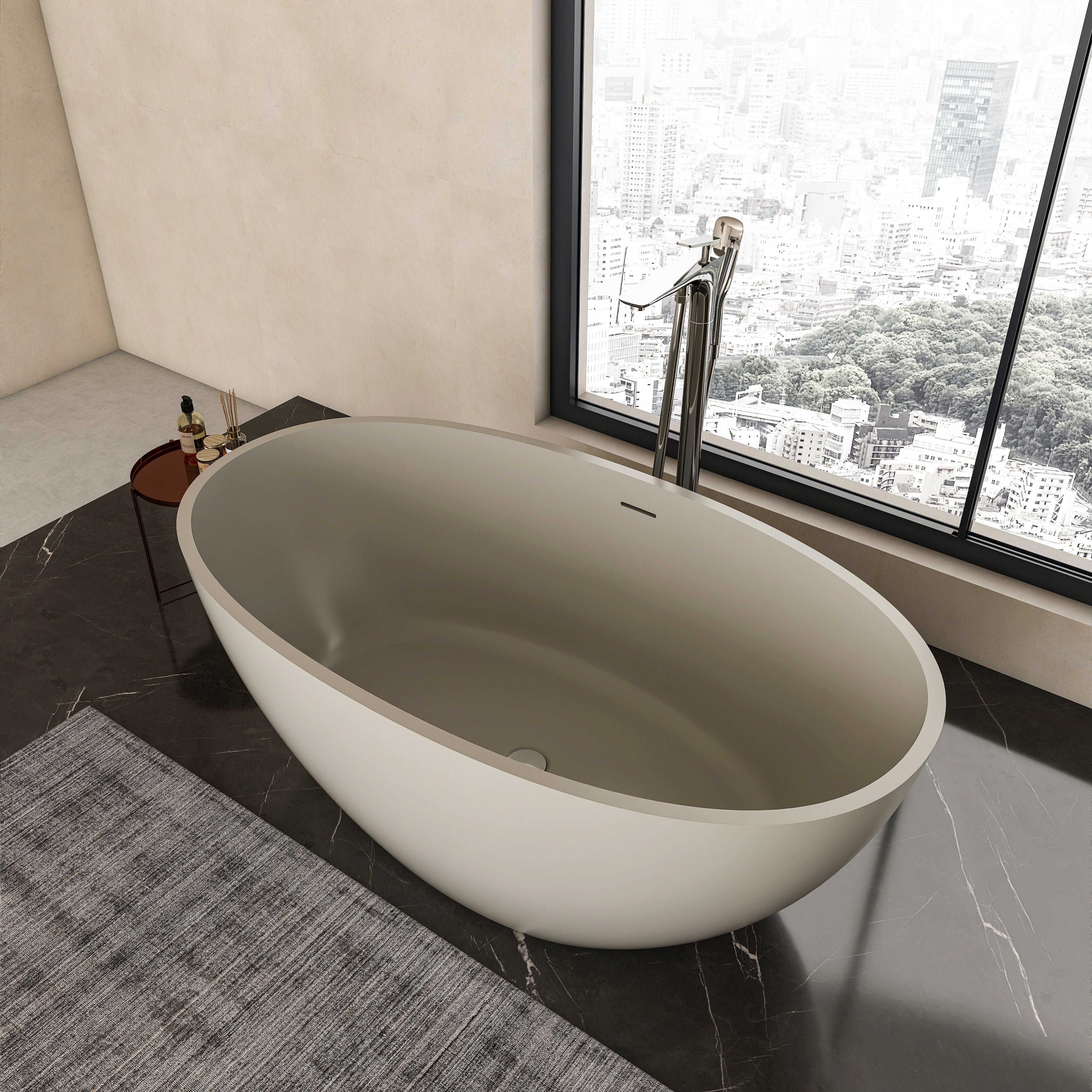 55 inch freestanding solid surface soaking tub, angled side view