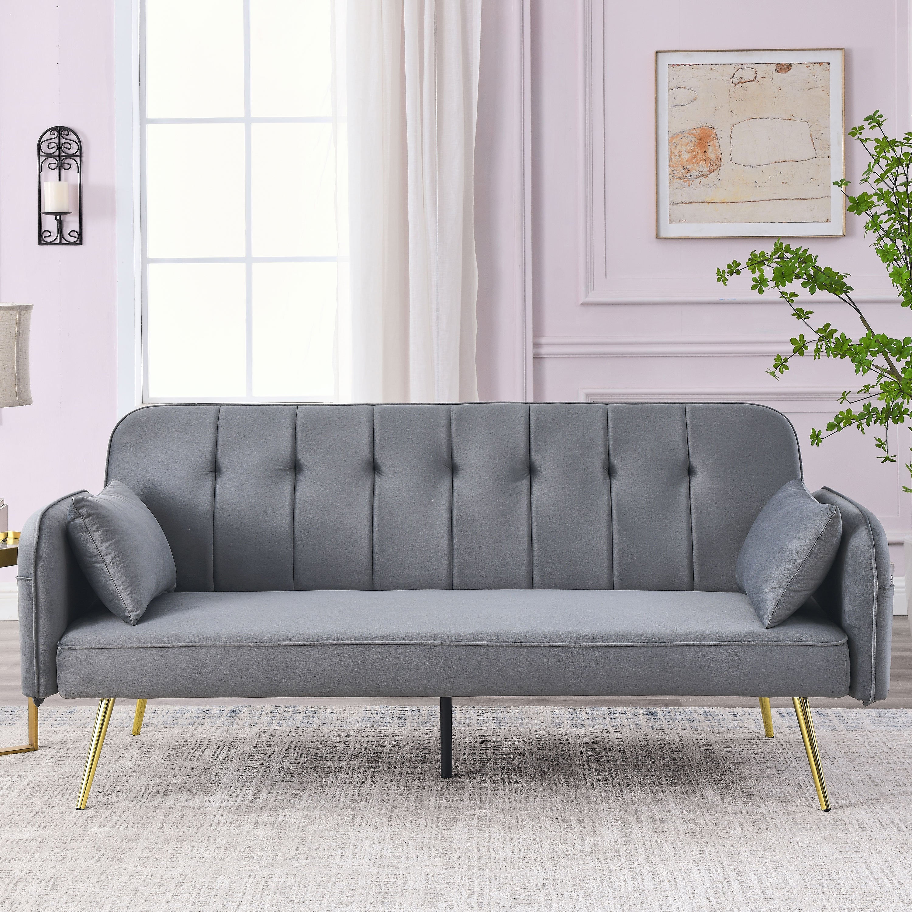 72.5"  Convertible Sofa Bed, Adjustable Velvet Sofa Bed - Velvet Folding Lounge Recliner - Reversible Daybed  - Ideal for Bedroom with Two Pillows and Center Legs