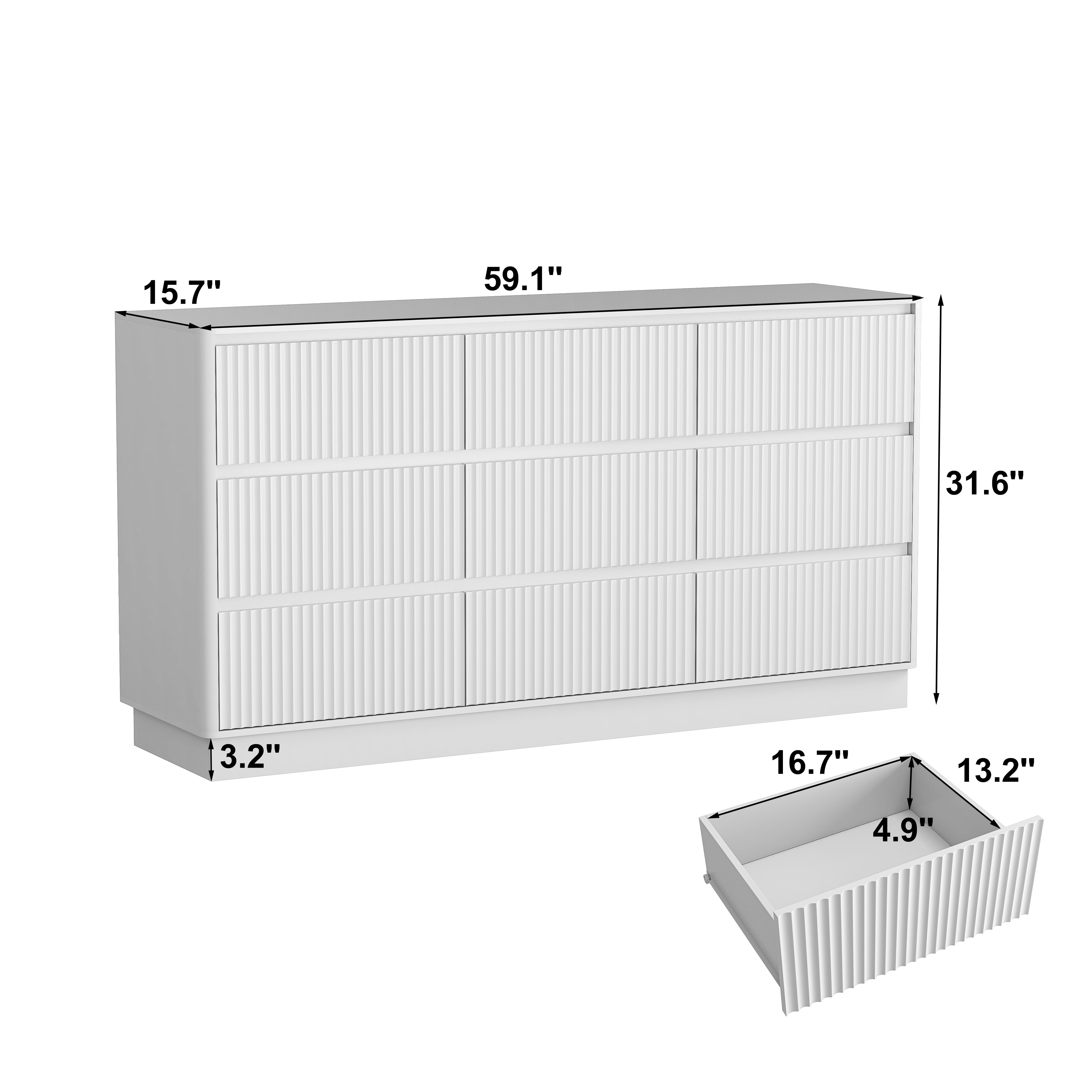White 9 drawer dresser, mid-century storage chest, angled view
