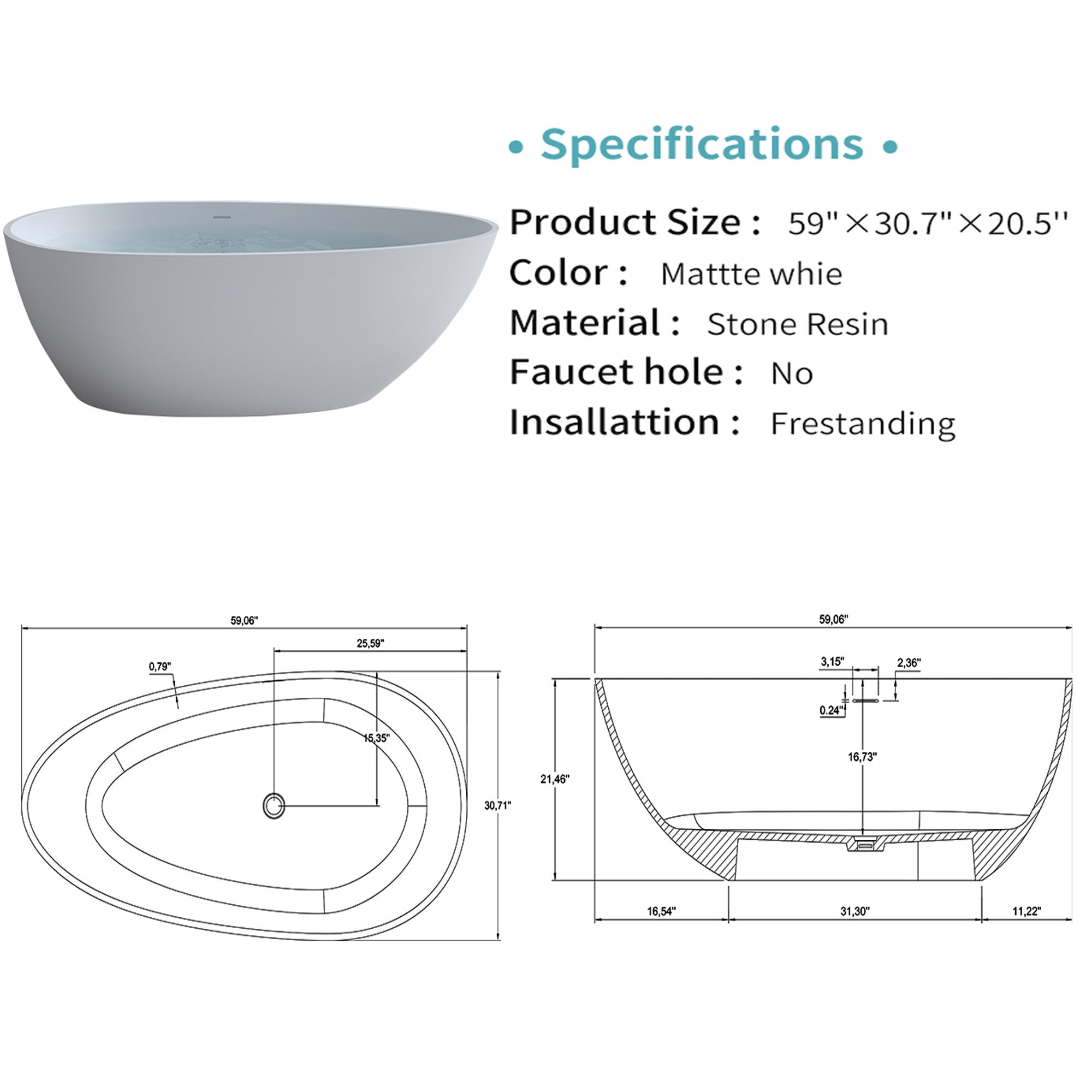 59'' Solid Surface Matte Tub, Freestanding Solid Surface Resin Stone Bathtub, Solid Surface Matte White Soaking Tub,Free Standing Tub with Overflow and Pop-up Drain, Matte White