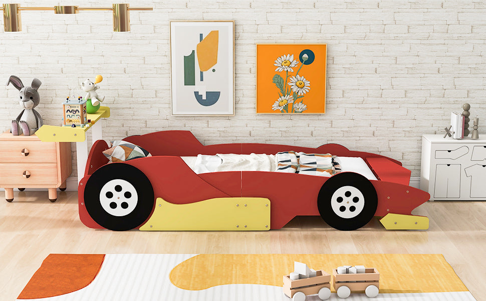 Twin Size Race Car-Shaped Platform Bed with Wheels,Red