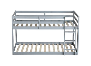 Twin over twin solid wood floor bunk bed with ladder in grey, full front view