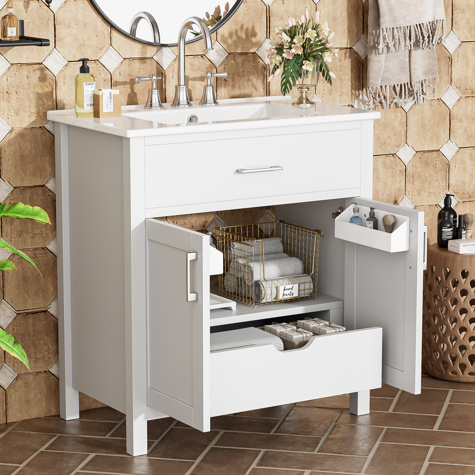 30-inch bathroom vanity with ceramic sink, front view