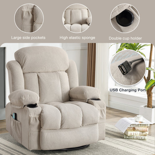 Swinging recliner massage heated sofa, with USB and 2 cup holders in side pockets, PackageA+B (BEIGE )