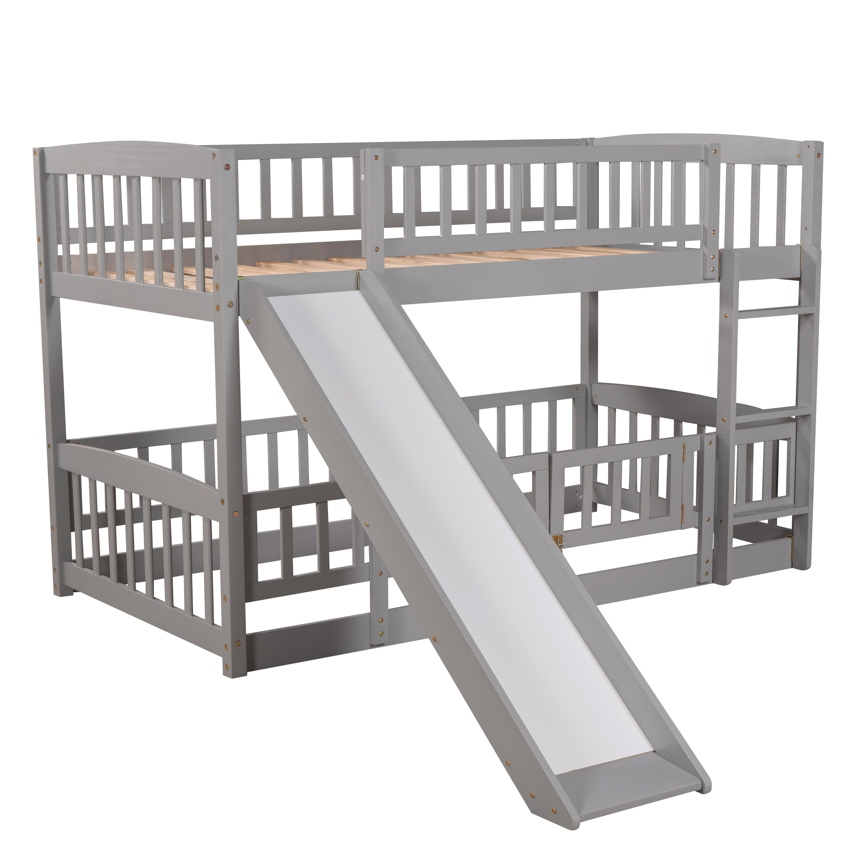 Bunk Bed with Slide,Twin Over Twin Low Bunk Bed with Fence and Ladder for  Kids Teens Grey