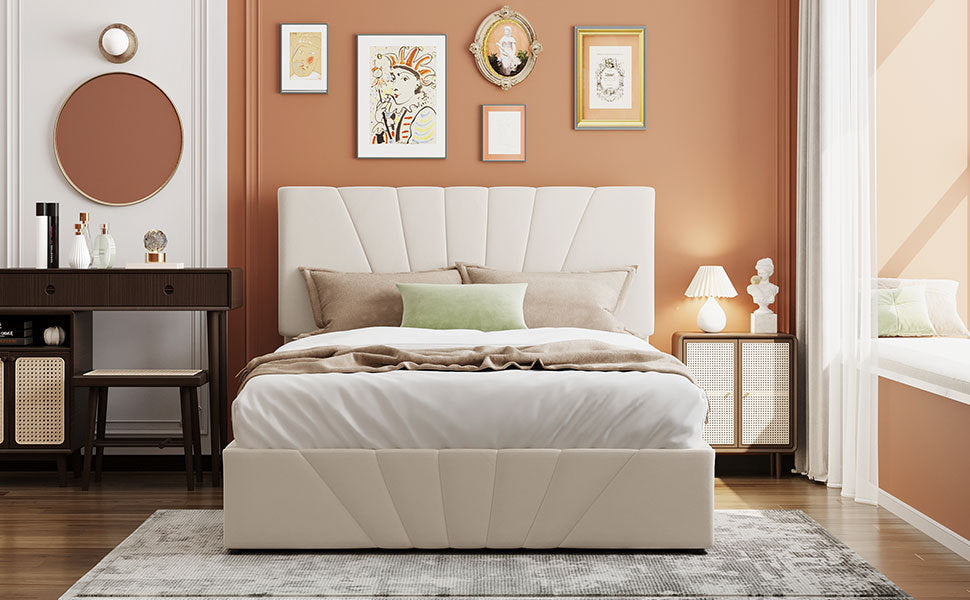 Full size Upholstered Platform bed with a Hydraulic Storage System - Beige