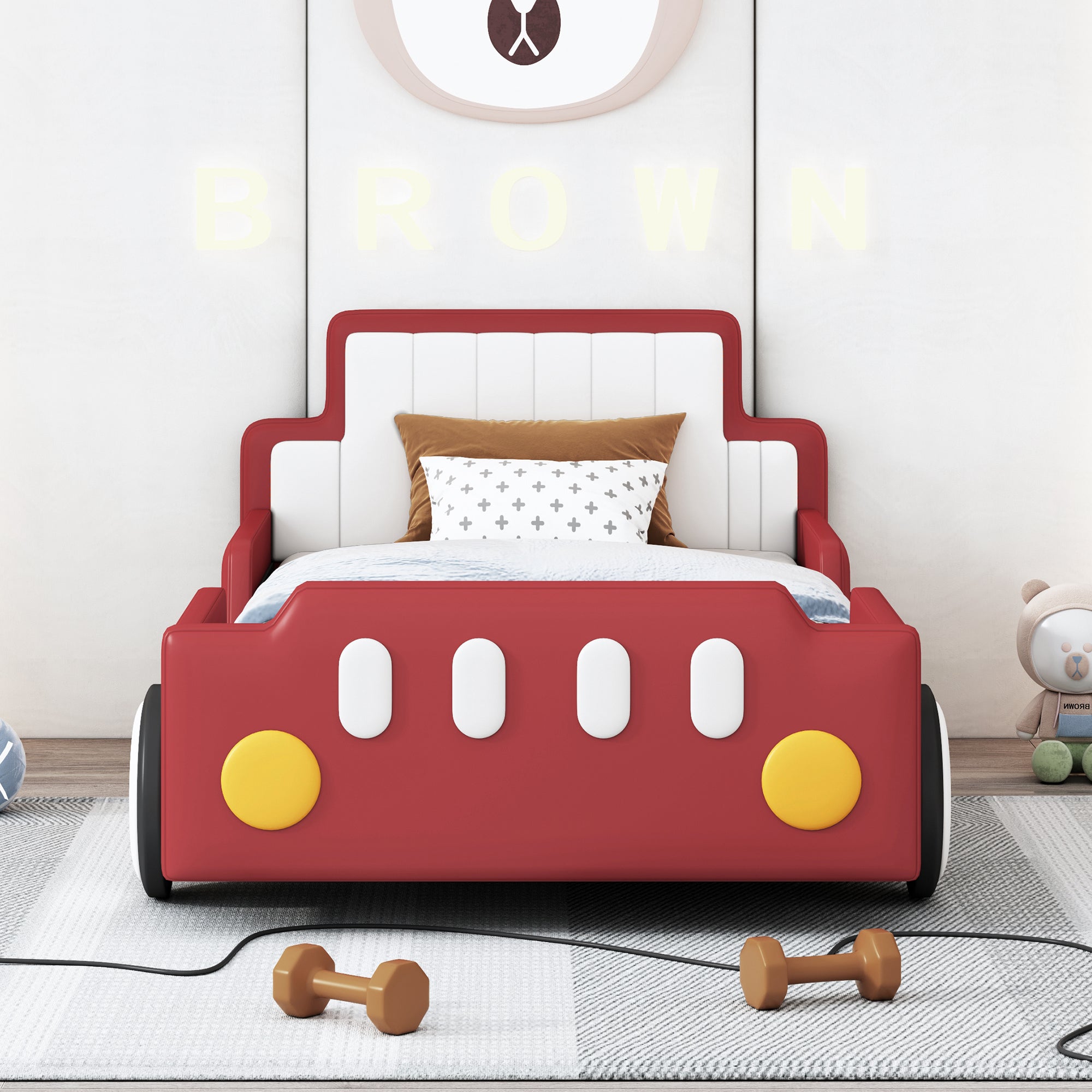 Twin Size Race Car-Shaped Platform Bed with Wheels,Red