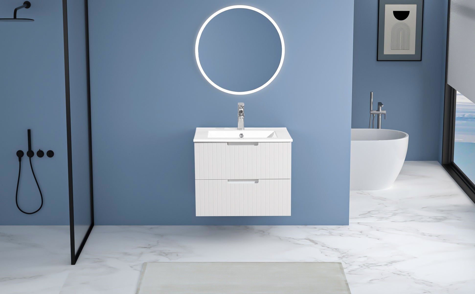 24 Inch Floating Bathroom Vanity with Ceramic Sink, Modern Bath Storage Cabinet Vanity with Drawers Wall Mounted Combo Set for Bathroom, White