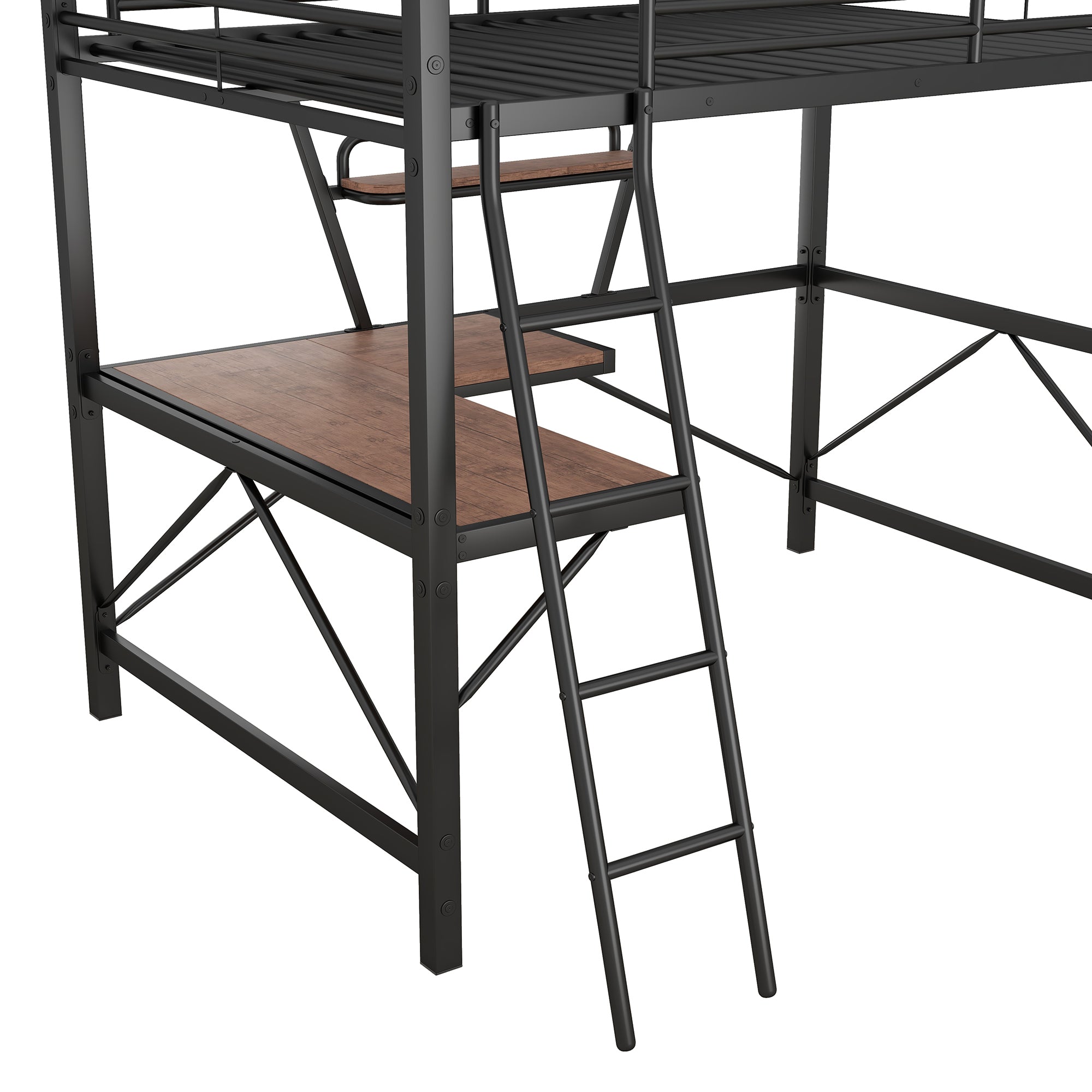 Full Size Loft Metal&MDF Bed with Desk and Shelf, Black