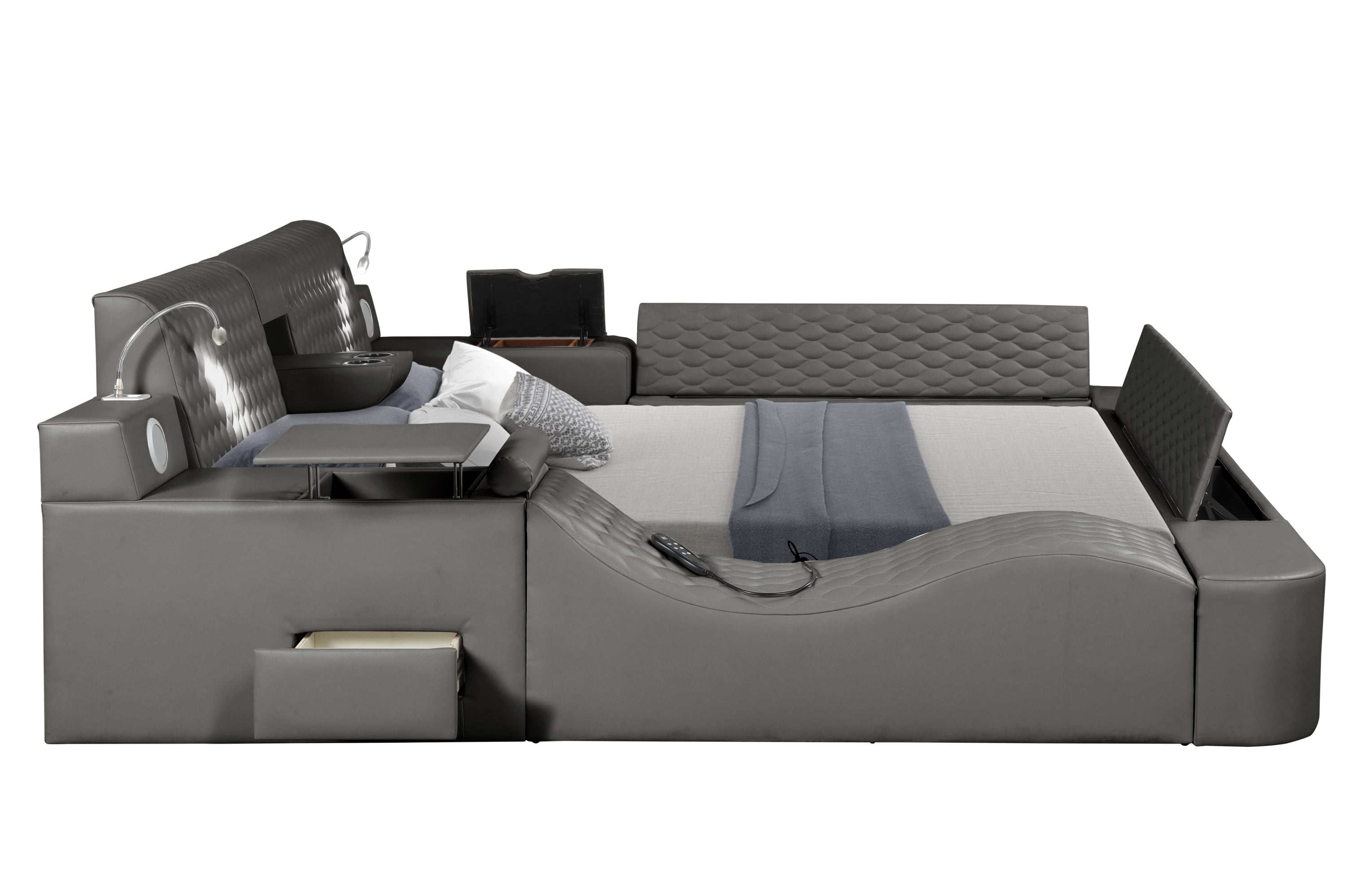 Smart Multifunctional Queen Size Bed Made with Wood in Gray