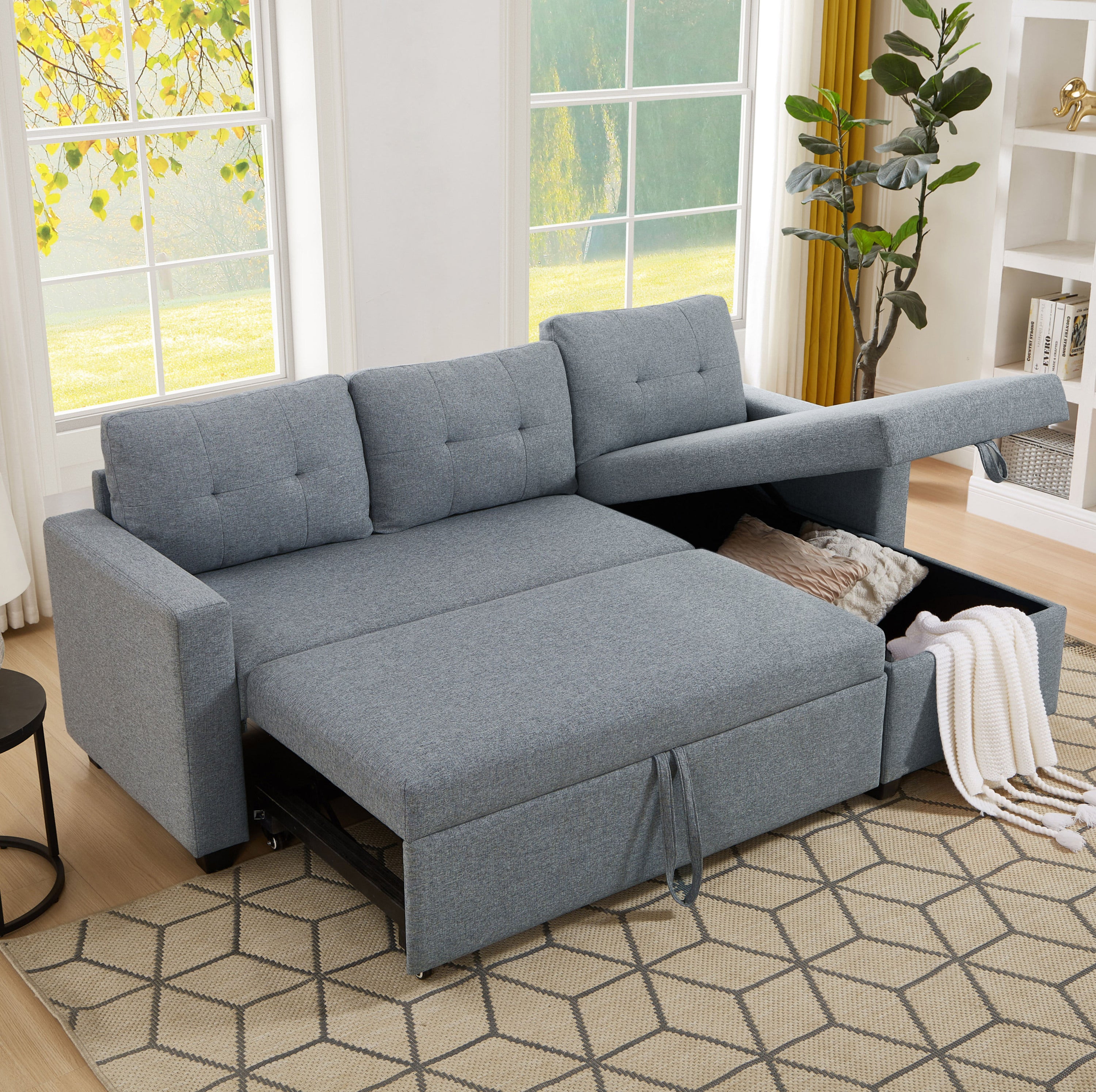 Upholstered Pull Out Sectional Sofa with Storage Chaise, Convertible Corner Couch, Light Grey