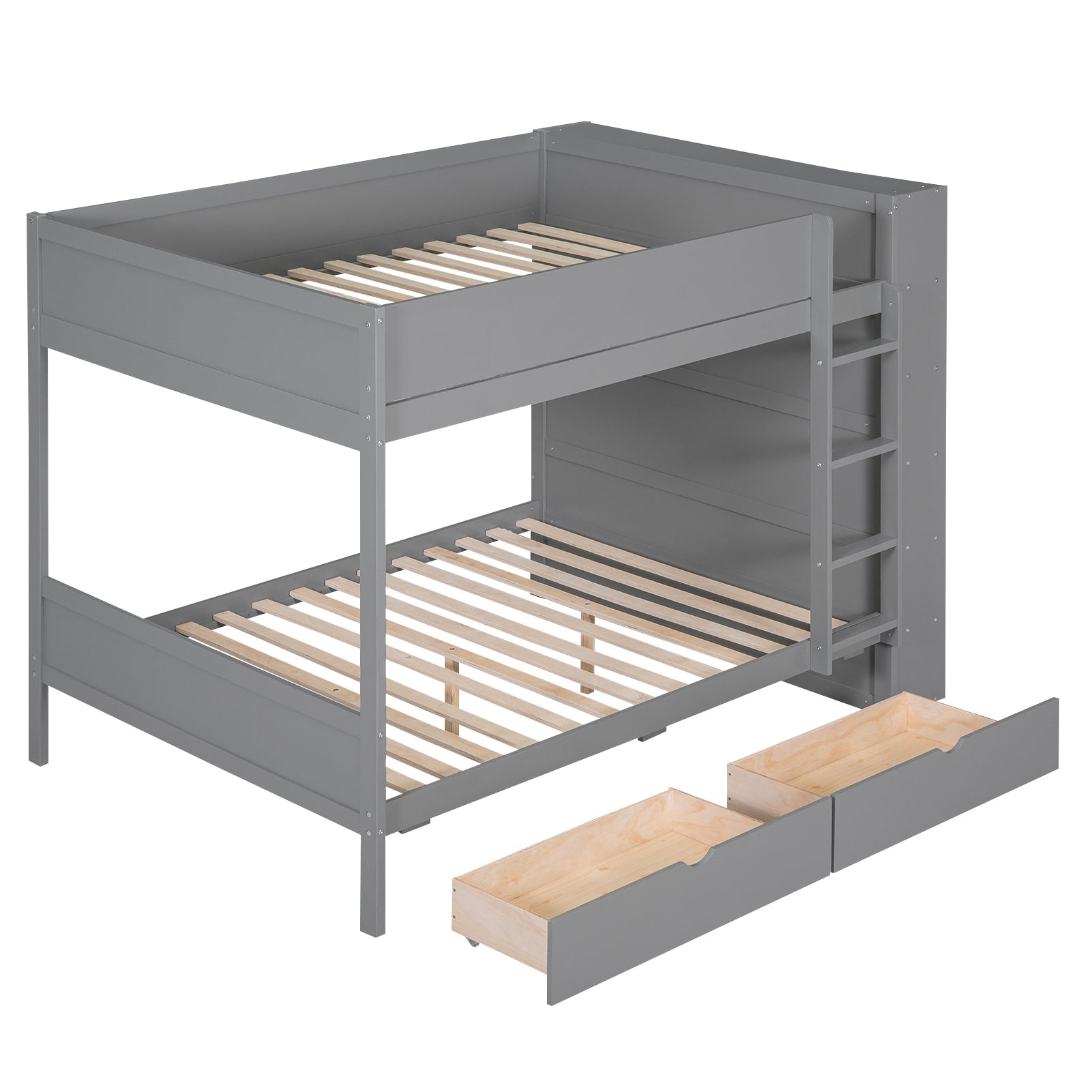 Full over Full Bunk Bed With 2 Drawers and Multi-layer Cabinet, Gray