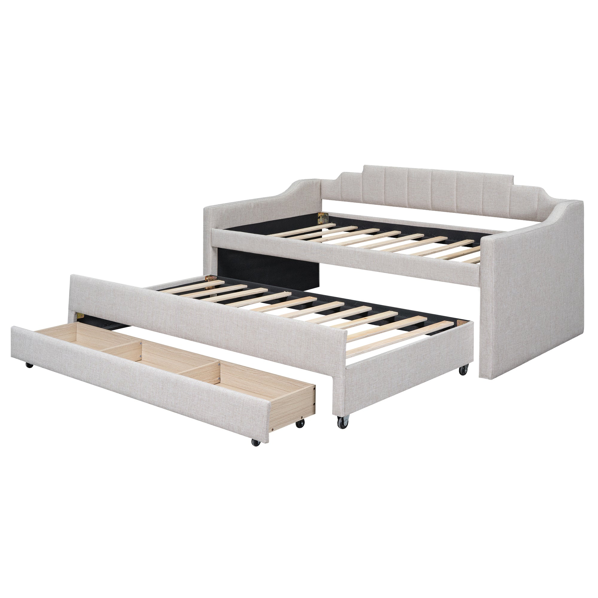 Twin Size Upholstered Daybed with Trundle and Three Drawers,Beige