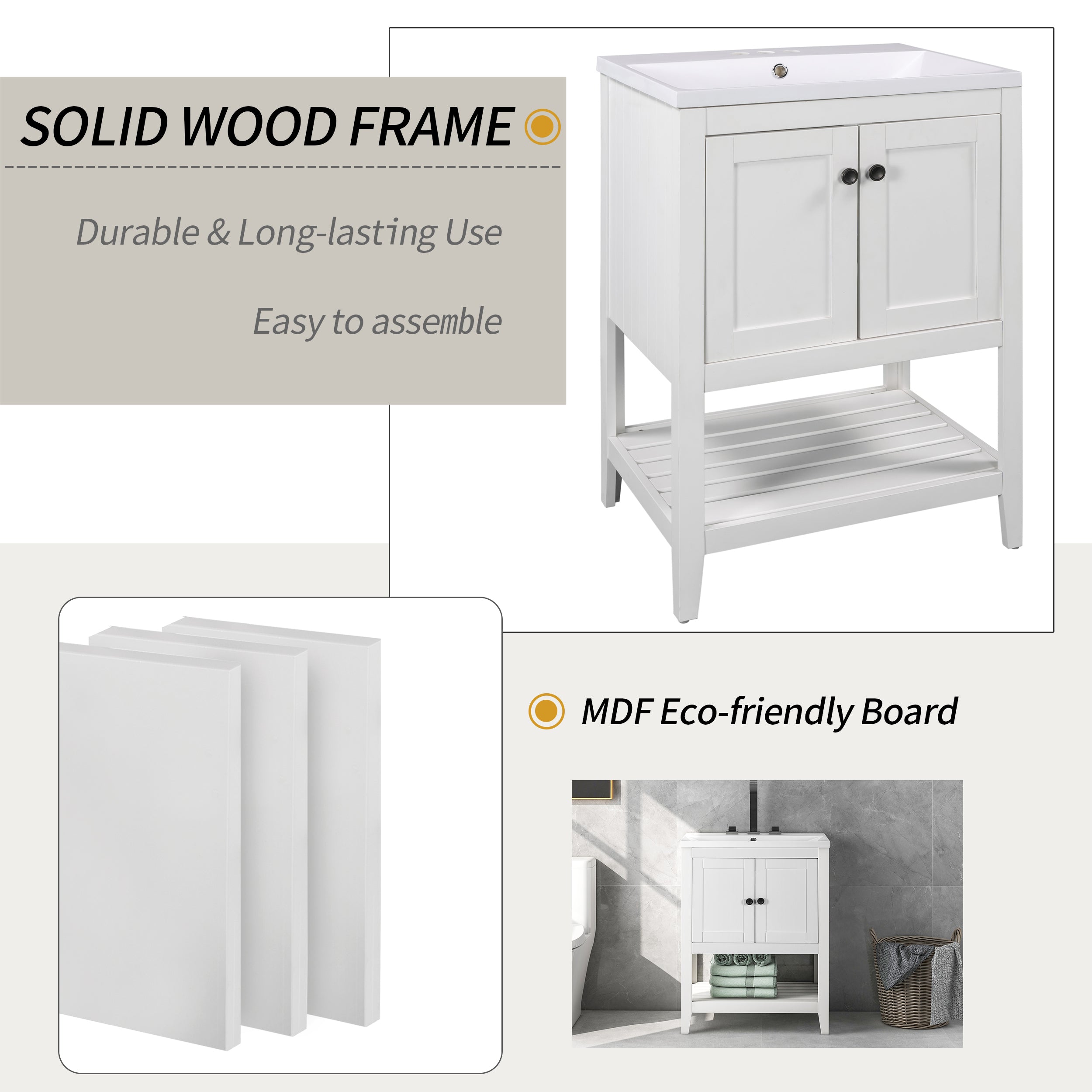 24" Bathroom Vanity Base Only, Soild Wood Frame, Bathroom Storage Cabinet with Doors and Open Shelf, White