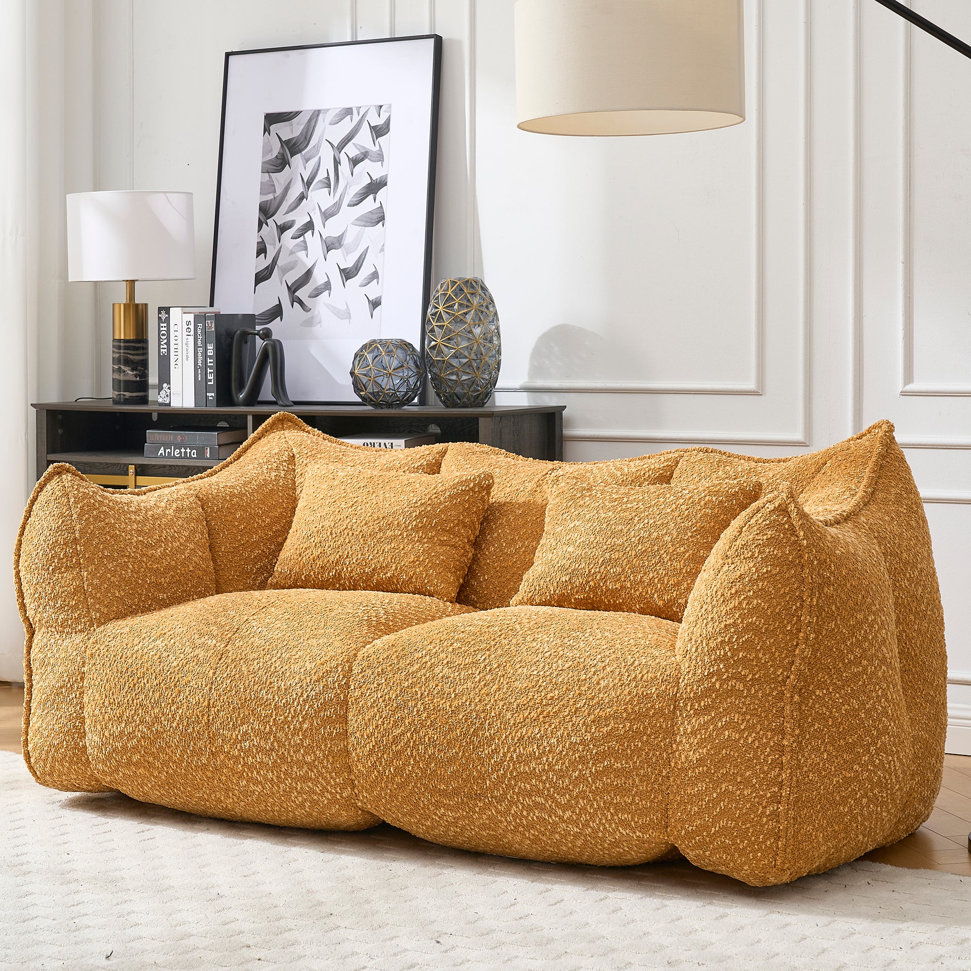 Two-person foam beanbag recliner sofa, in-use lounging view