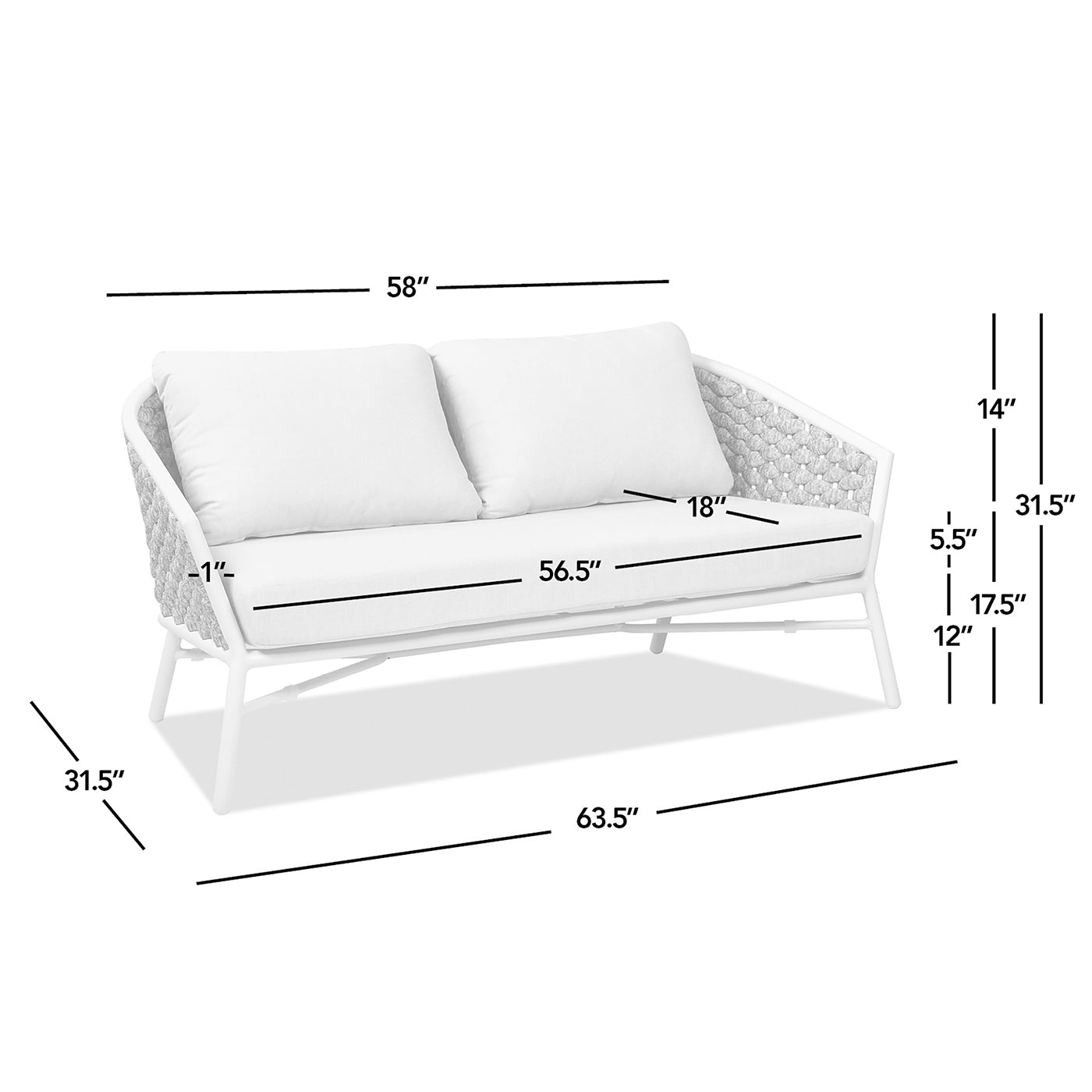 Rowan 63.5" Rope Barrel Back Patio Conversation Loveseat Sofa, Optic White Acrylic