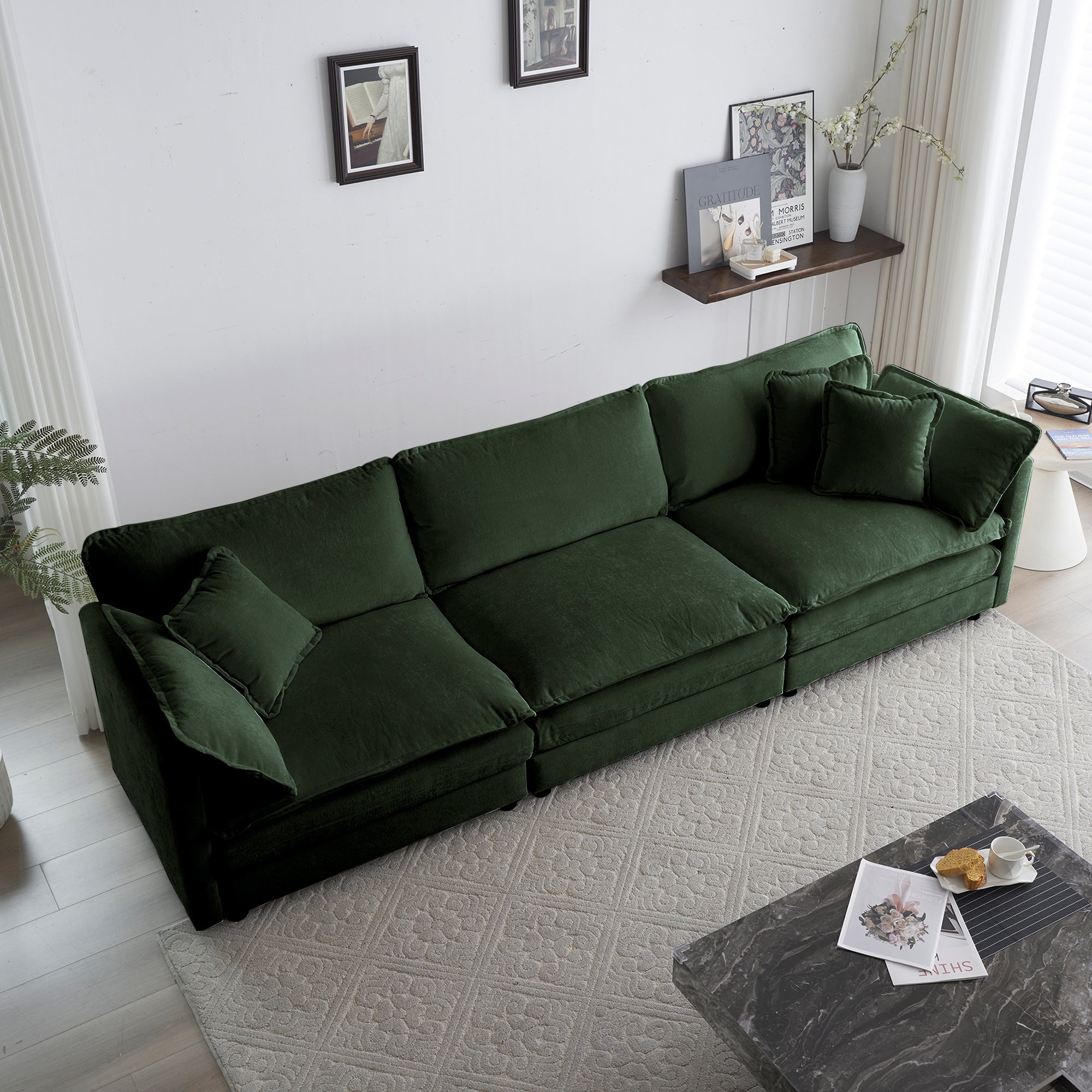 U-Shaped Sectional Sofa w/Reversible Footrest, 5-Seater Convertible Corner Couch with 2 Ottomans ,Modern Minimalist Soft Sofa & Couch for Living Room , Green Chenille