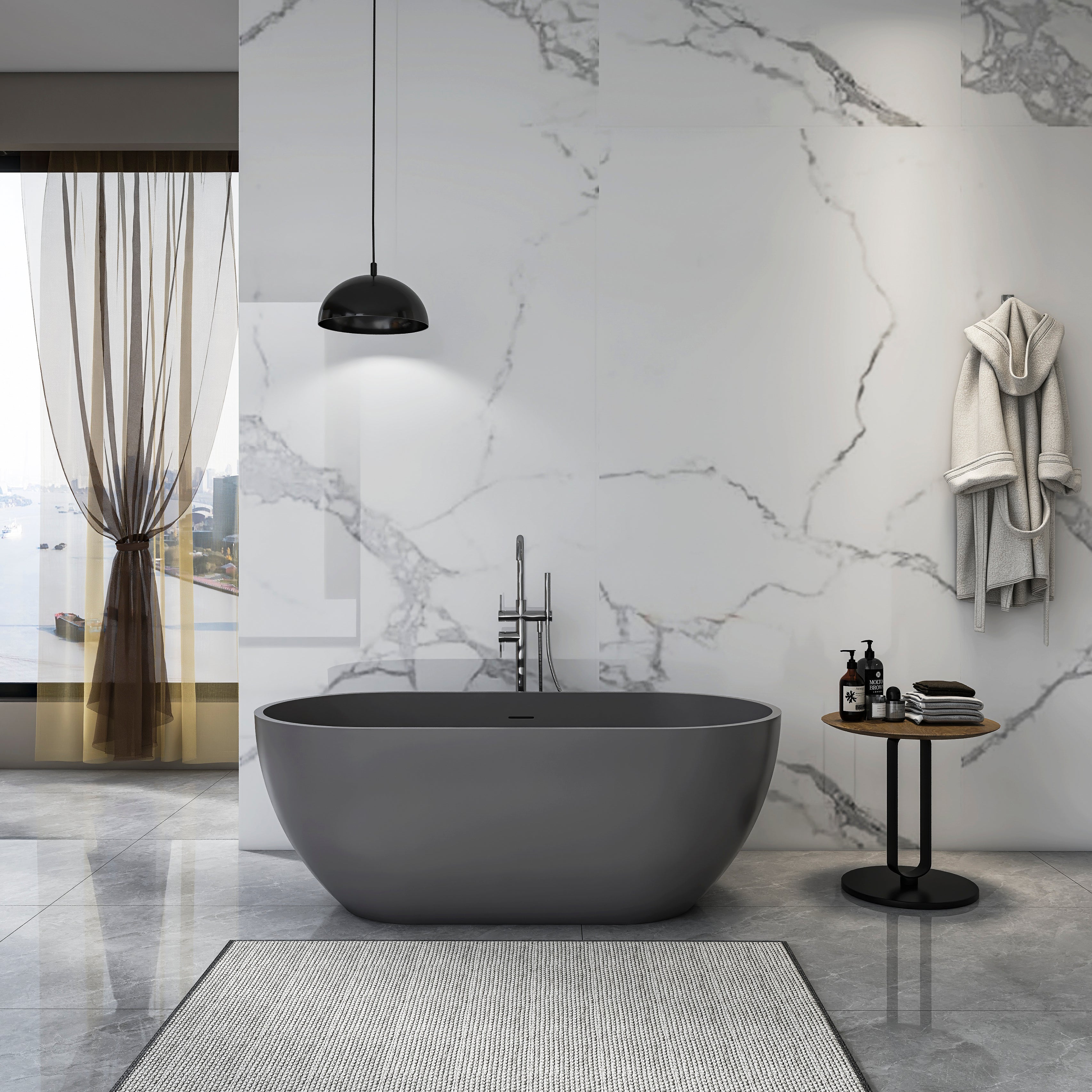 59-inch oval solid surface freestanding bathtub, front view
