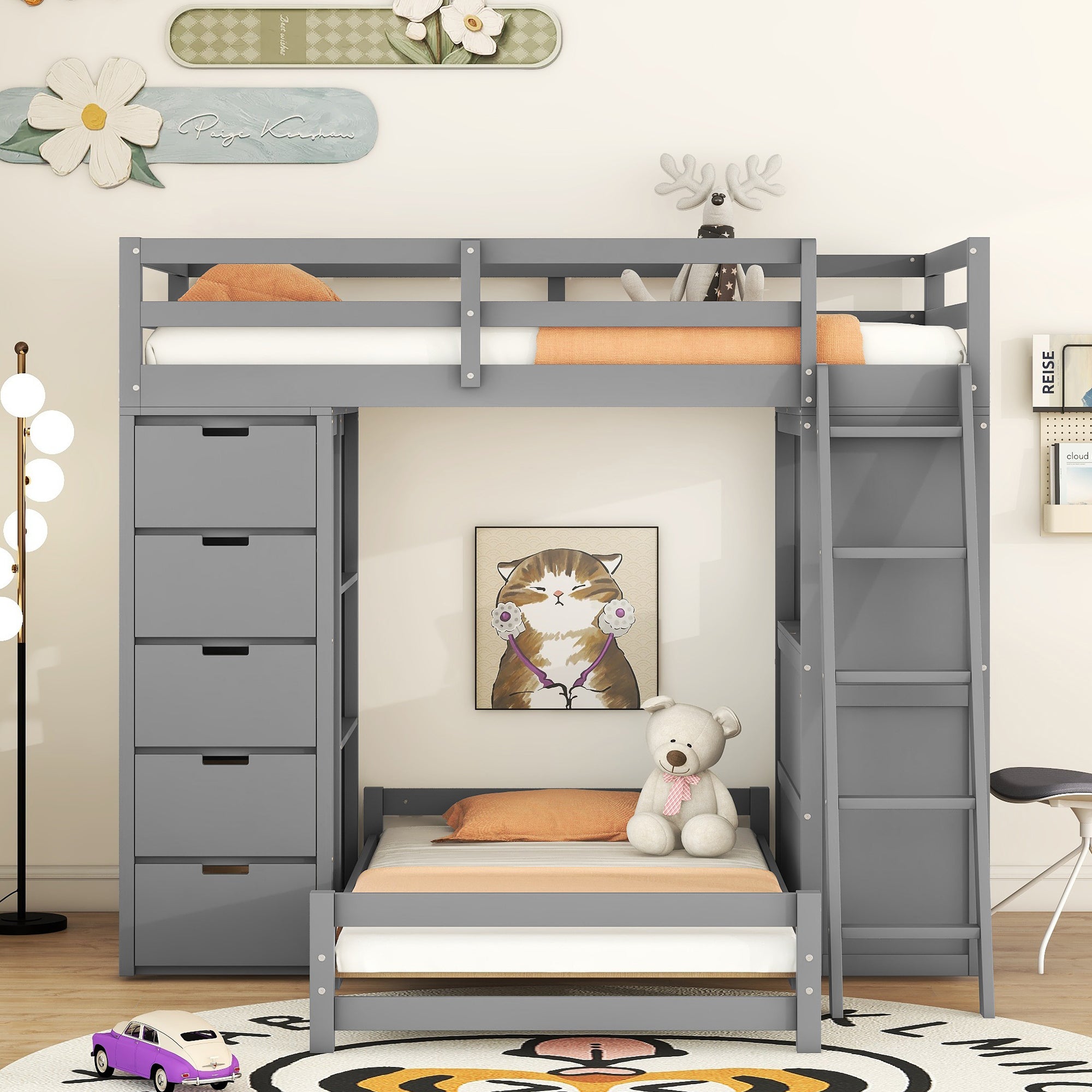 Twin over Twin Bunk Bed with LED Light and USB Ports, Gray