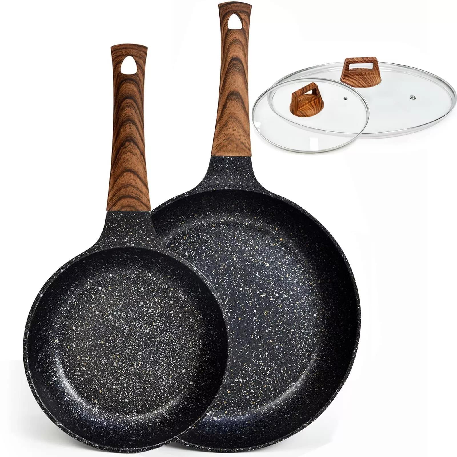 9.5" & 11" Nonstick Frying Pan Set w/ Lid Cookware Set Granite Stone Coating Pan