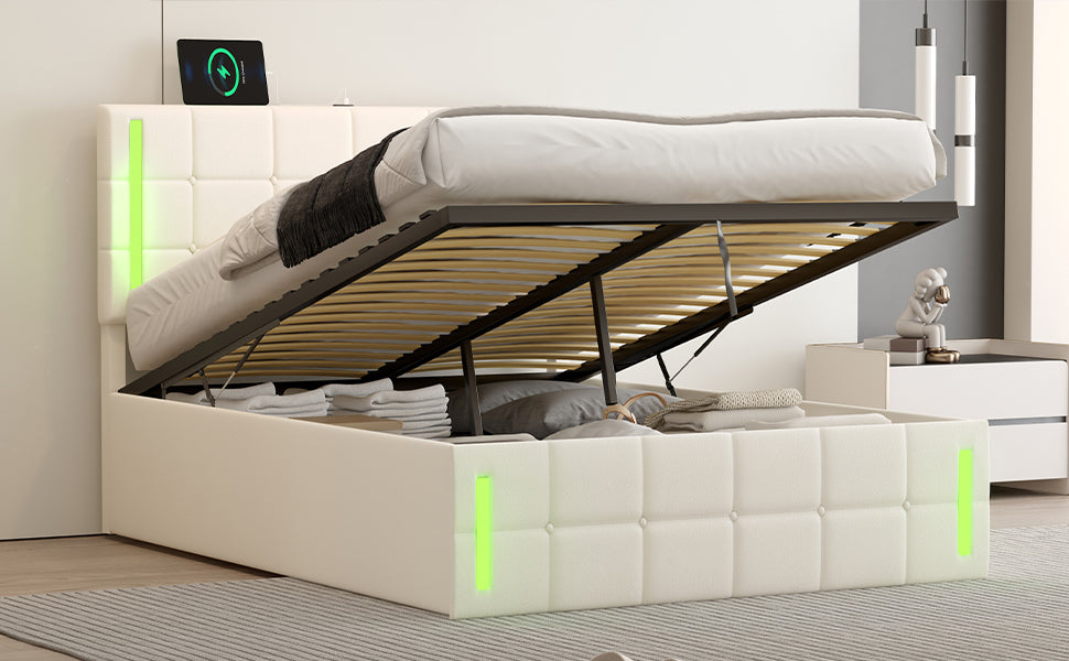 Full Size Upholstered Bed with LED Lights,Hydraulic Storage System and USB Charging Station,White