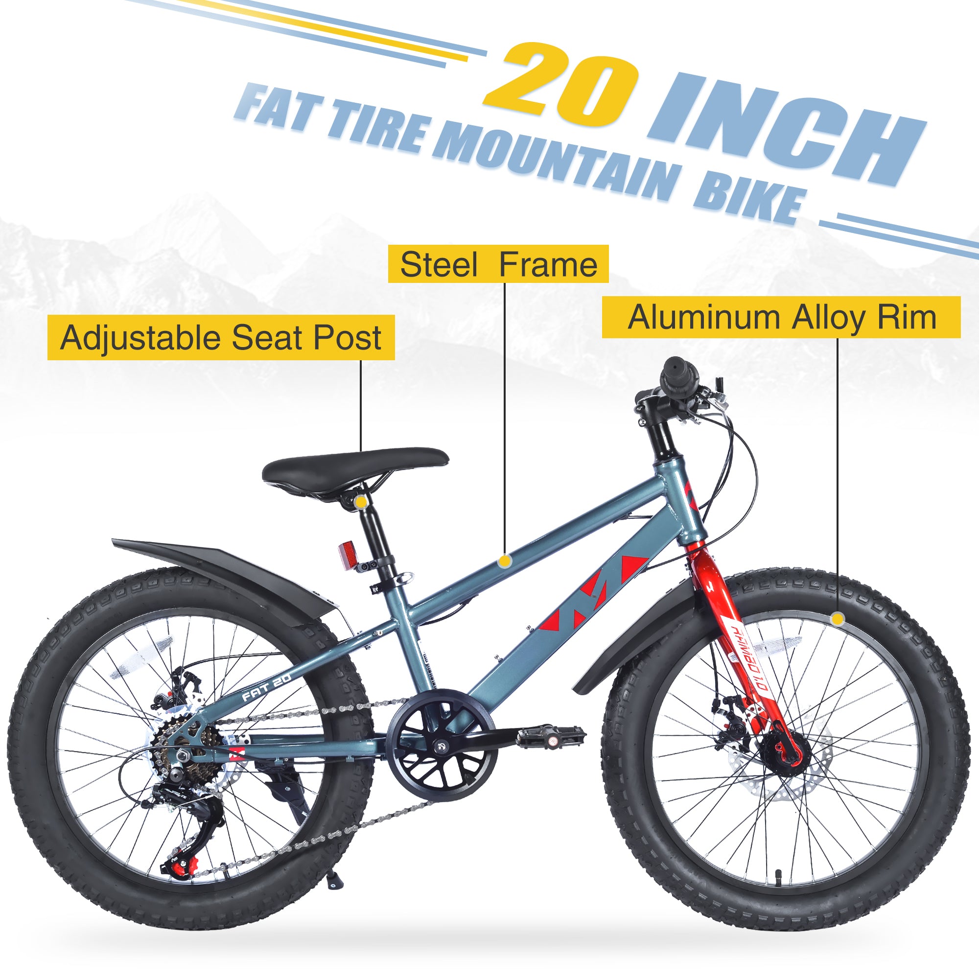 20 Inch Kids Bicycles , Fat Tire Mountain Bike for Boys and Girls Age 5 + Years ,Dual-Disc Brake,Shimano 7-Speed ,Kids Beach and Snow Bicycle