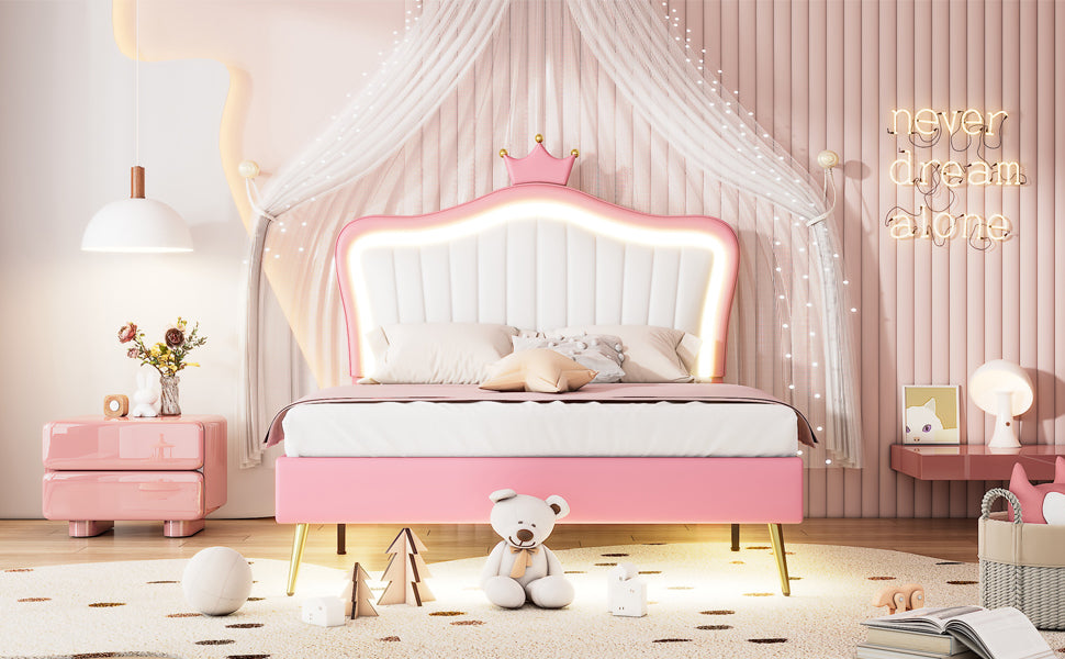 Full Size Upholstered Bed Frame with LED Lights,Modern Upholstered Princess Bed With Crown Headboard,White+Pink