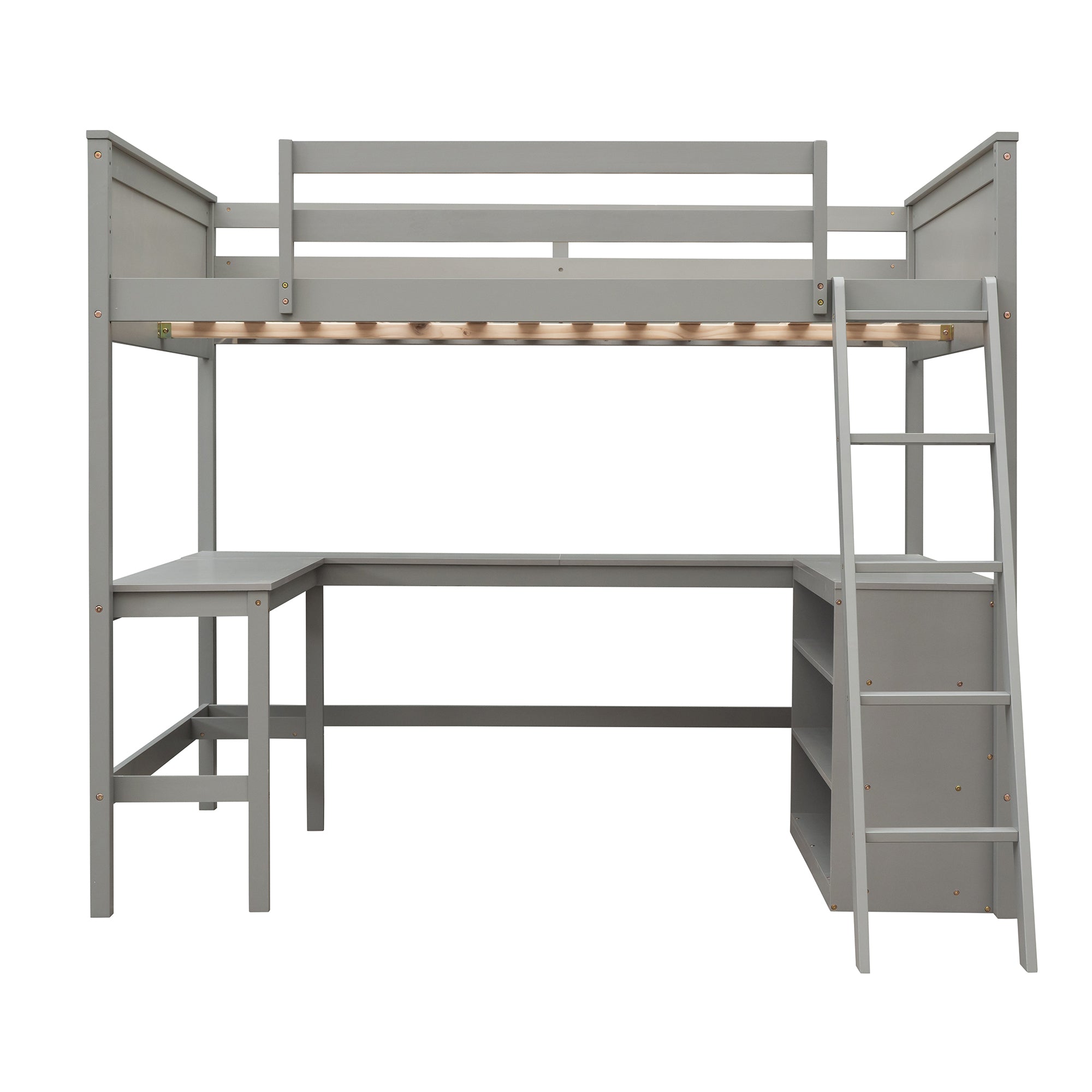 Full size Loft Bed with Shelves and Desk, Wooden Loft Bed with Desk - Gray