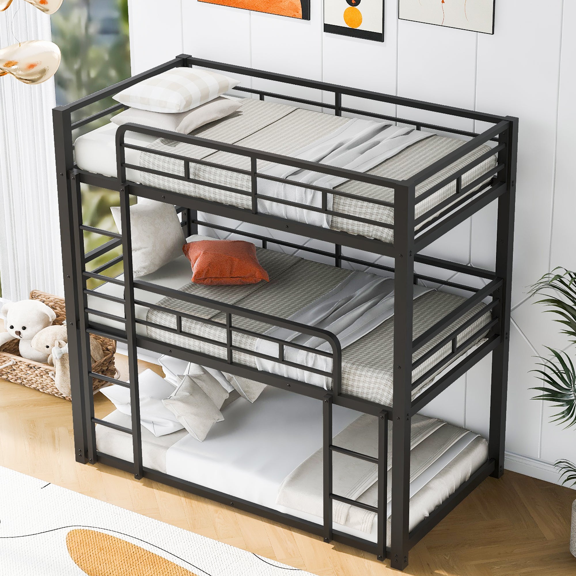 Metal Twin Size Triple Bunk Bed, Black(Old SKU: SM000230AAB-1)