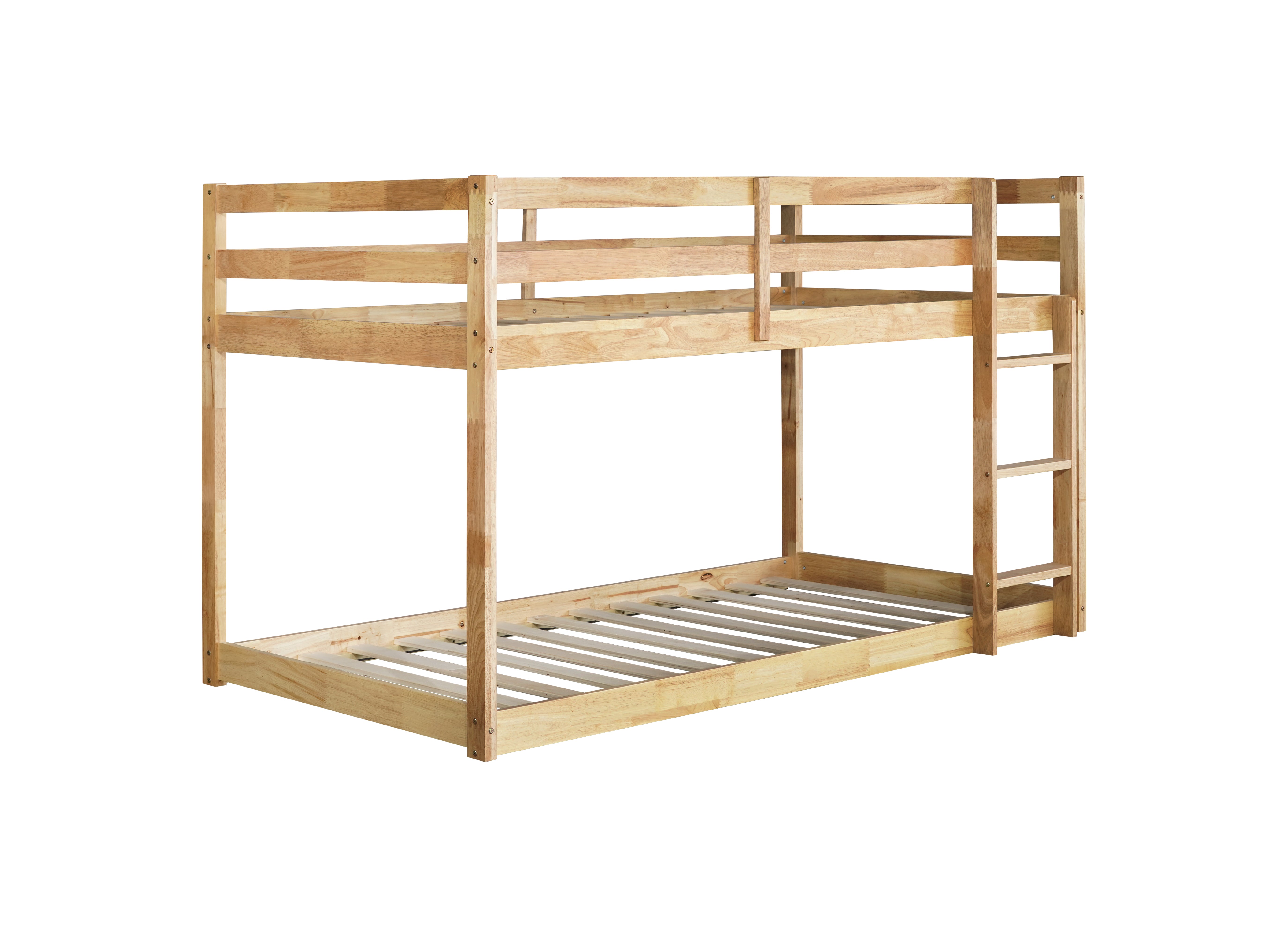 Twin over twin solid rubberwood bunk bed natural finish, upper platform view