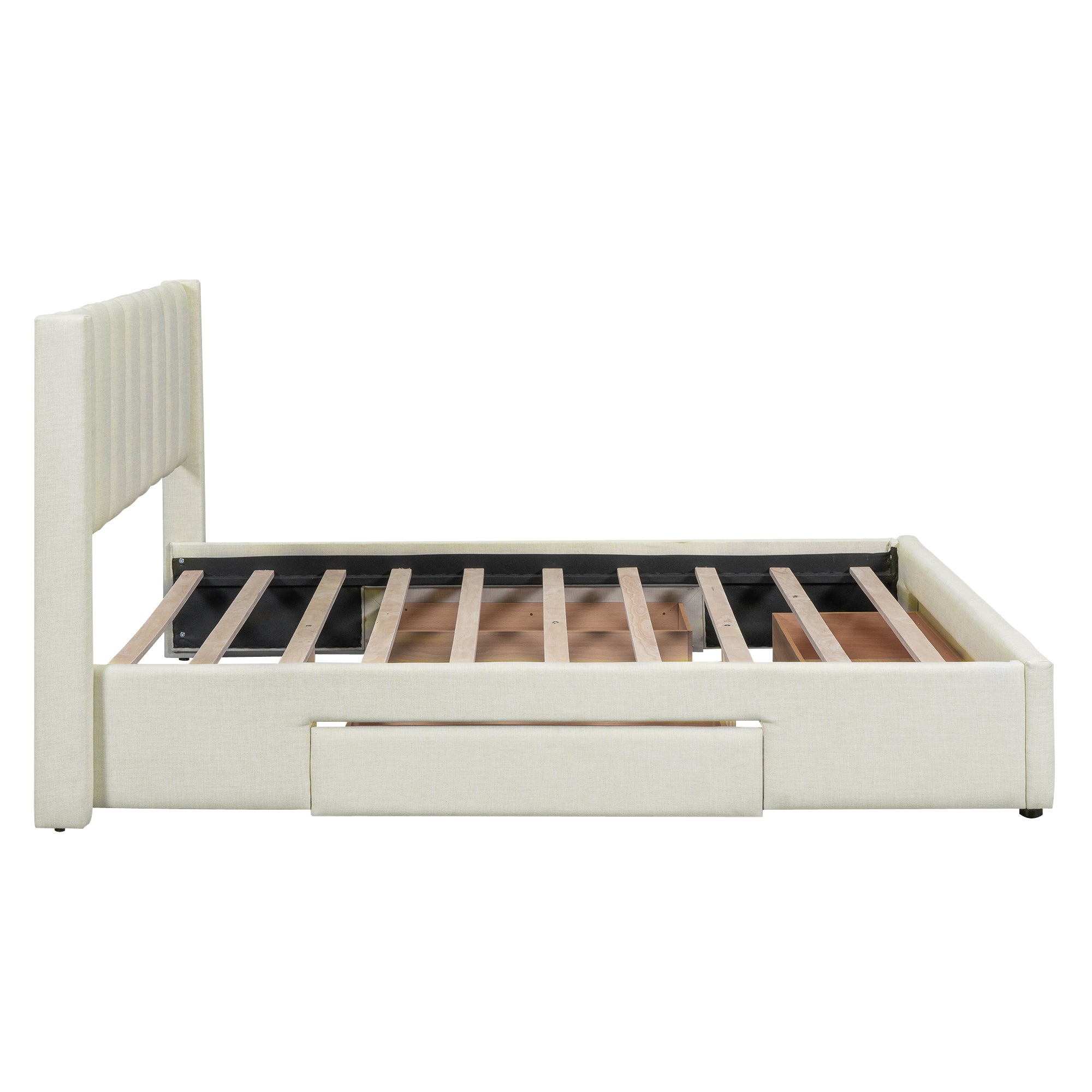 Queen Size Upholstered Platform Bed with One Large Drawer in the Footboard and Drawer on Each Side,Beige