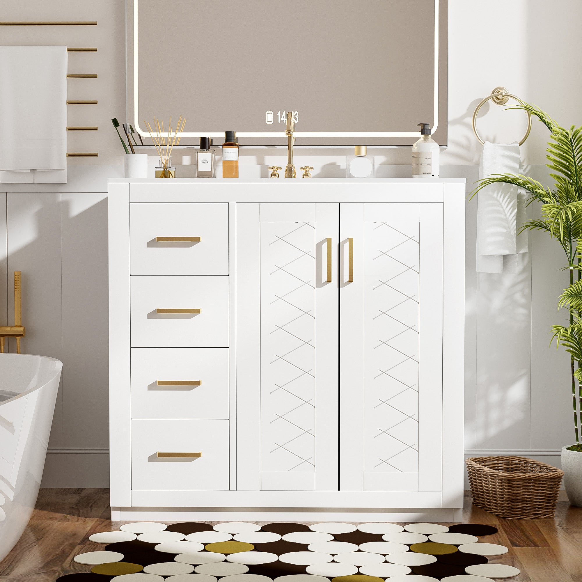 36 in. bathroom vanity with ceramic sink and solid wood frame, angled view