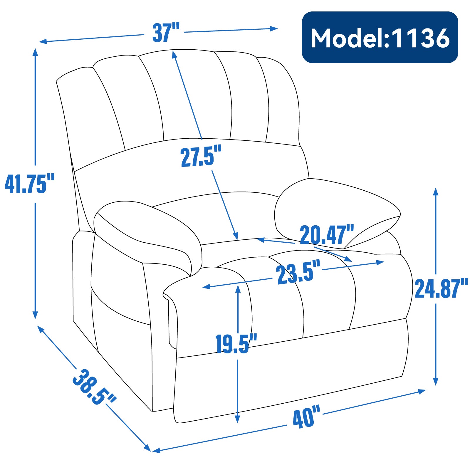 23" Seat Width and High Back Large Size Blue Chenille Power Lift Recliner Chair with 8-Point Vibration Massage and Lumbar Heating