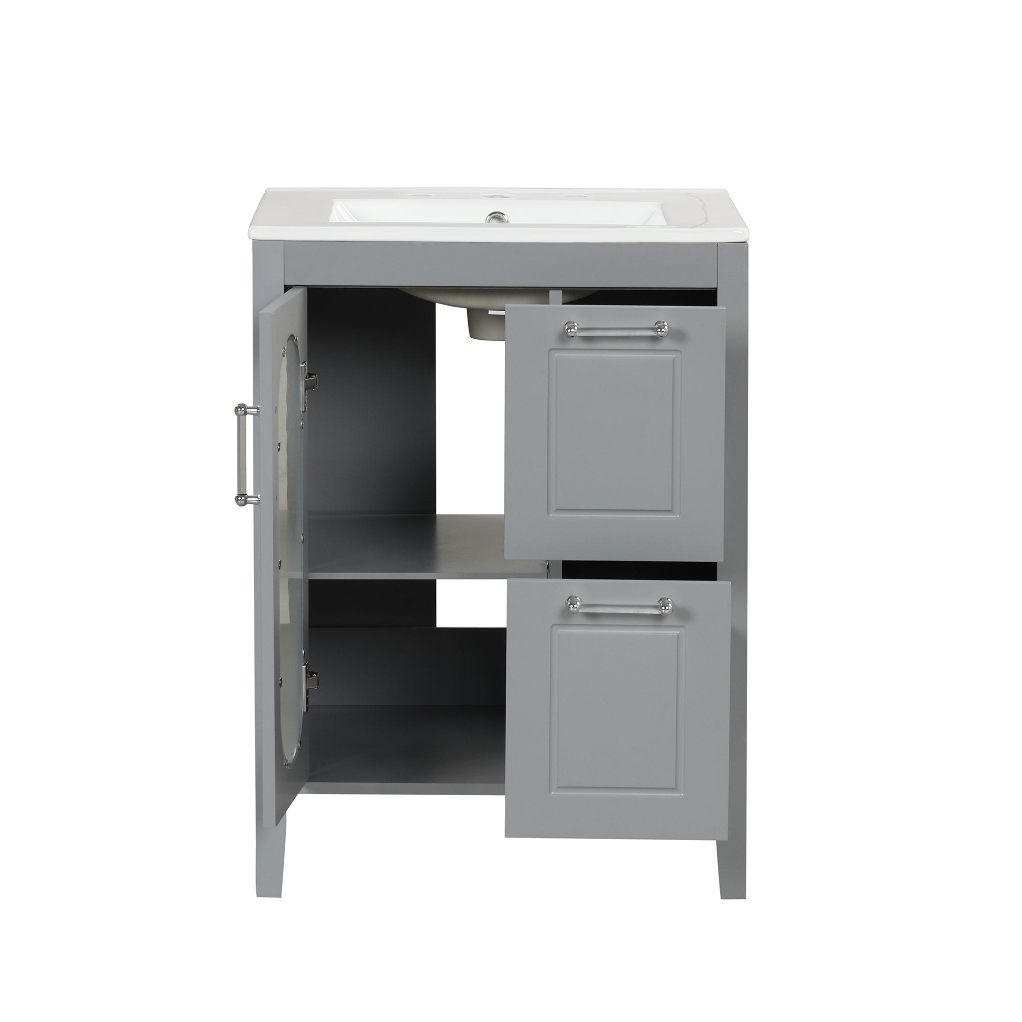 24" Bathroom Vanity with Sink, Bathroom Vanity Cabinet with Two Drawers and Door, Adjustable Shelf, Solid Wood and MDF, Grey