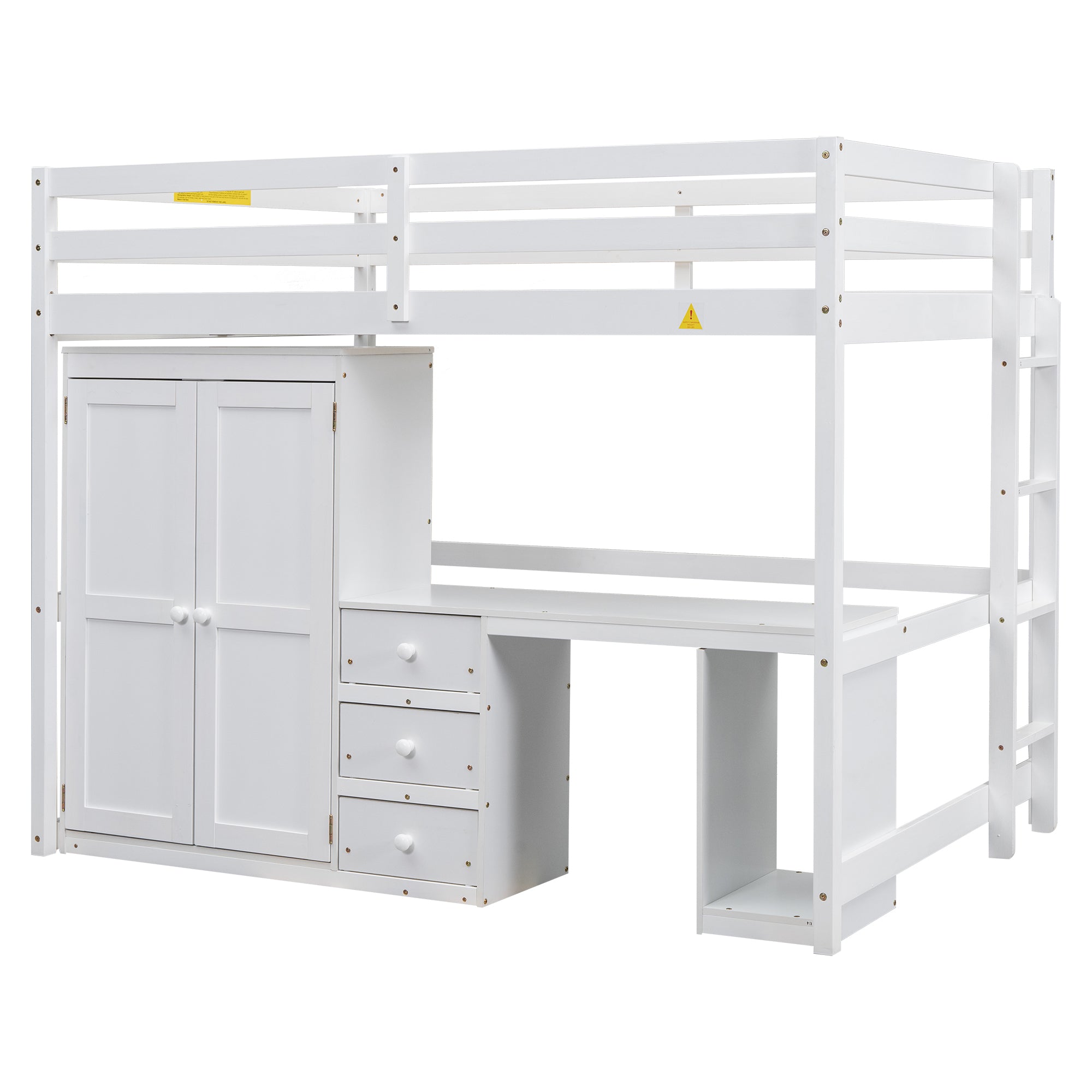 Full Size Loft Bed with Wardrobe, Desk and Storage Drawers, White