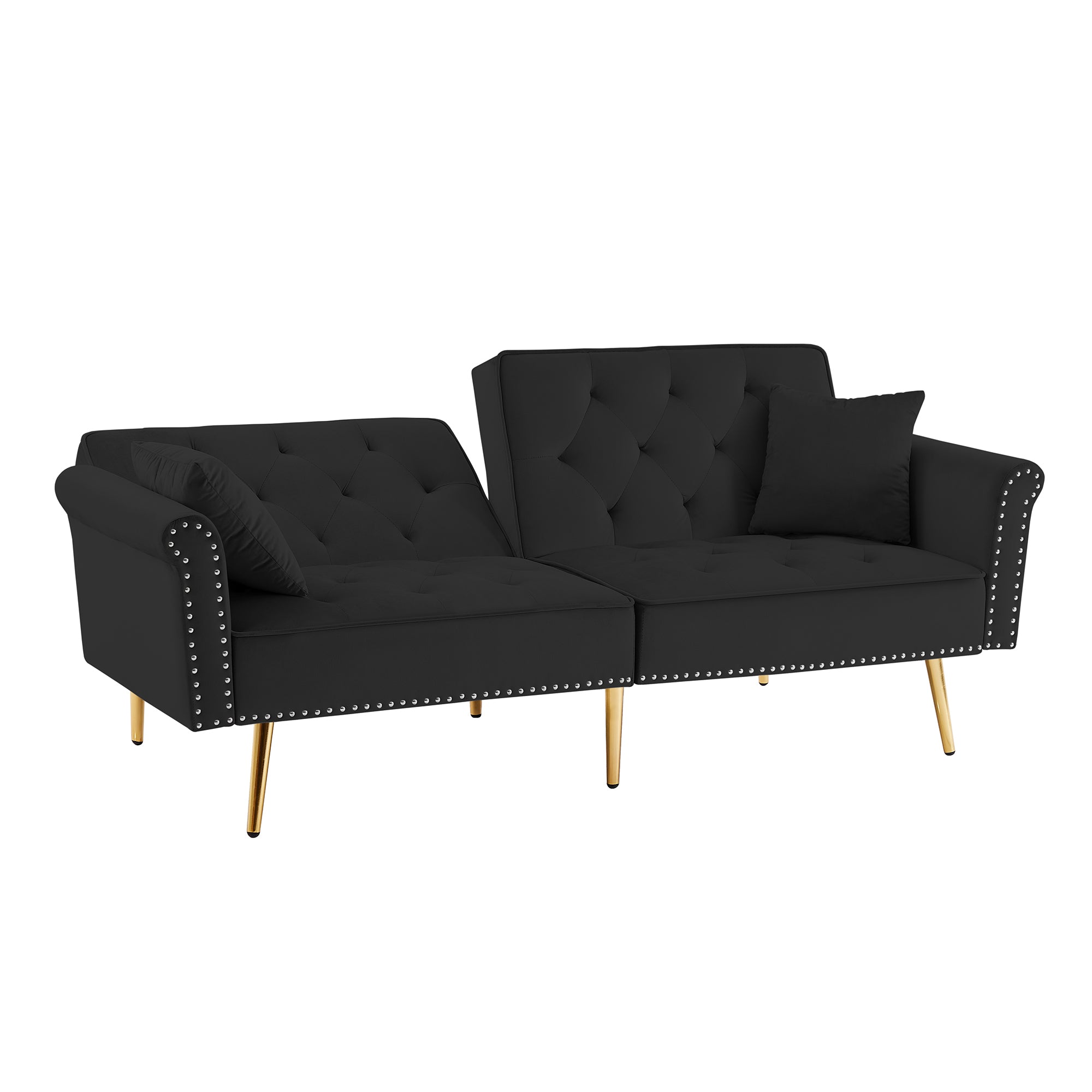 BLACK Velvet Tufted Sofa Couch with 2 Pillows and Nailhead Trim