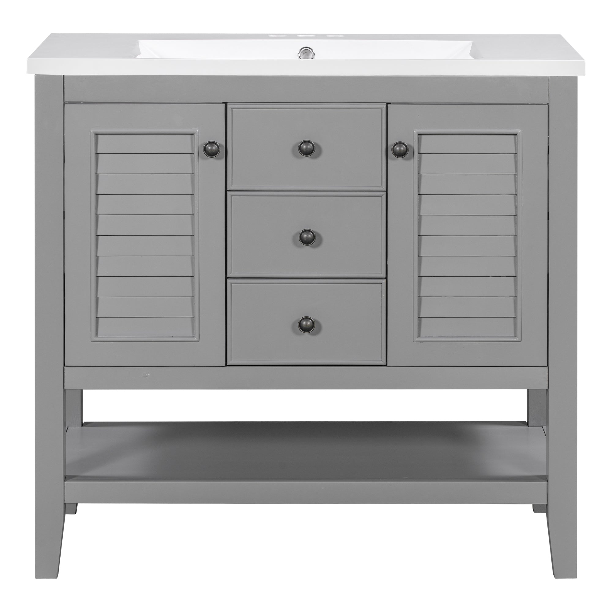 36" Bathroom Vanity with Ceramic Basin, Two Cabinets and Drawers, Open Shelf, Solid Wood Frame, Grey (OLD SKU: SY999101AAE)