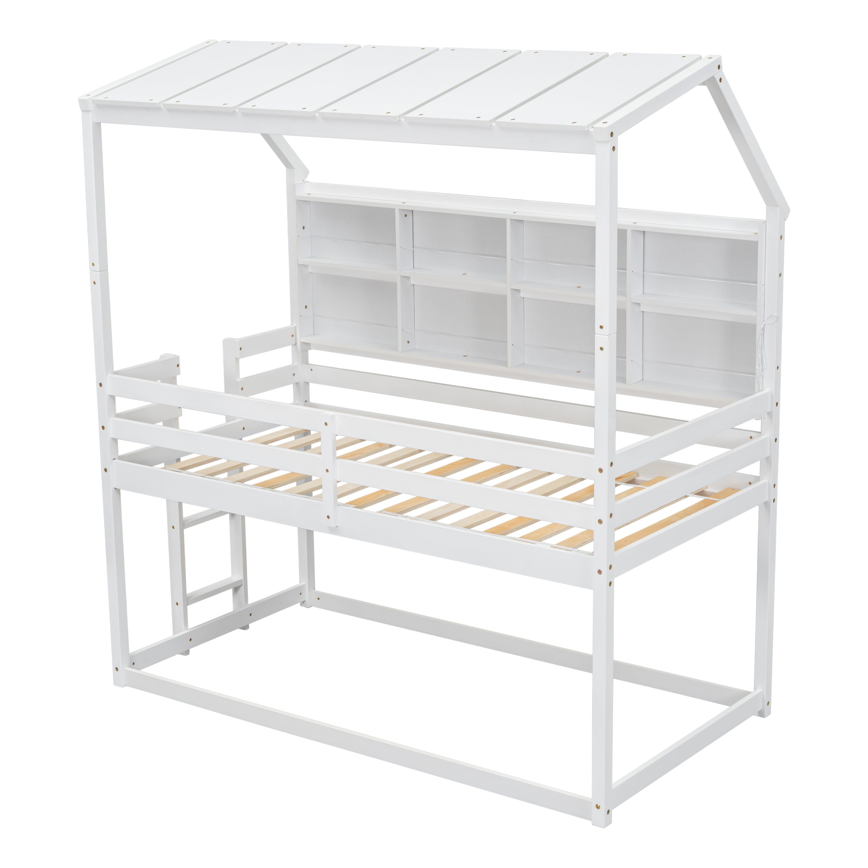 Twin Over Twin Low Bunk Bed with House Semi-enclosed Roof,Guardrails, Bedside Shelves and Ladder, White