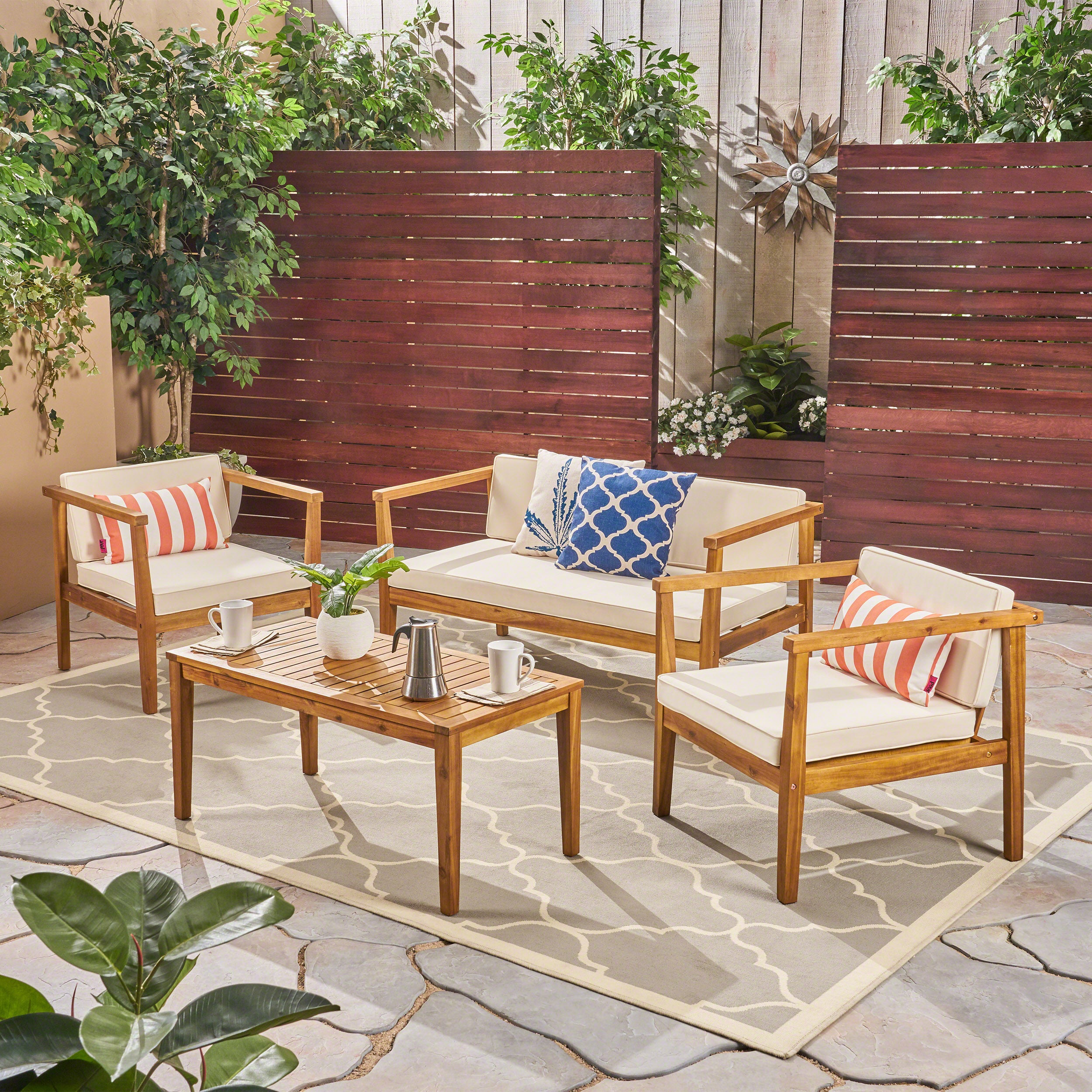 Outdoor 4-Seater Acacia Wood Chat Set with Coffee Table with Cushions, Teak and Beige