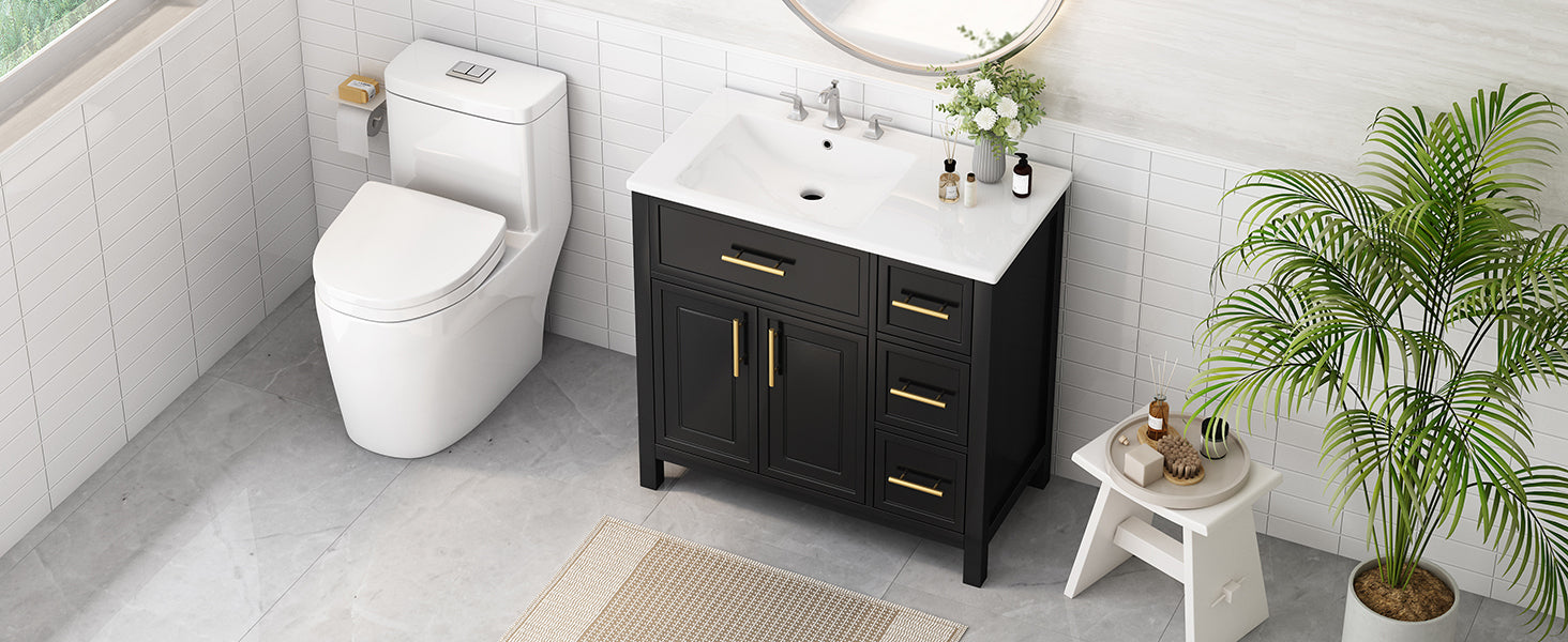 36" Bathroom Vanity with Sink Top, Bathroom Vanity Cabinet with Two Doors and Three Drawers, Solid Wood , MDF Boards ,One Package, Black