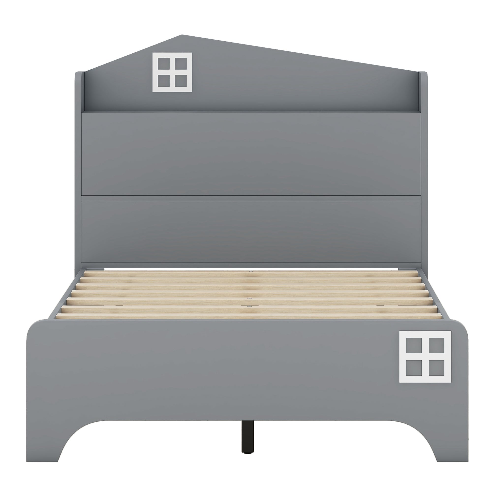 Wooden Twin Size House Bed with Storage Headboard ,Kids Bed with Storage Shelf,Grey