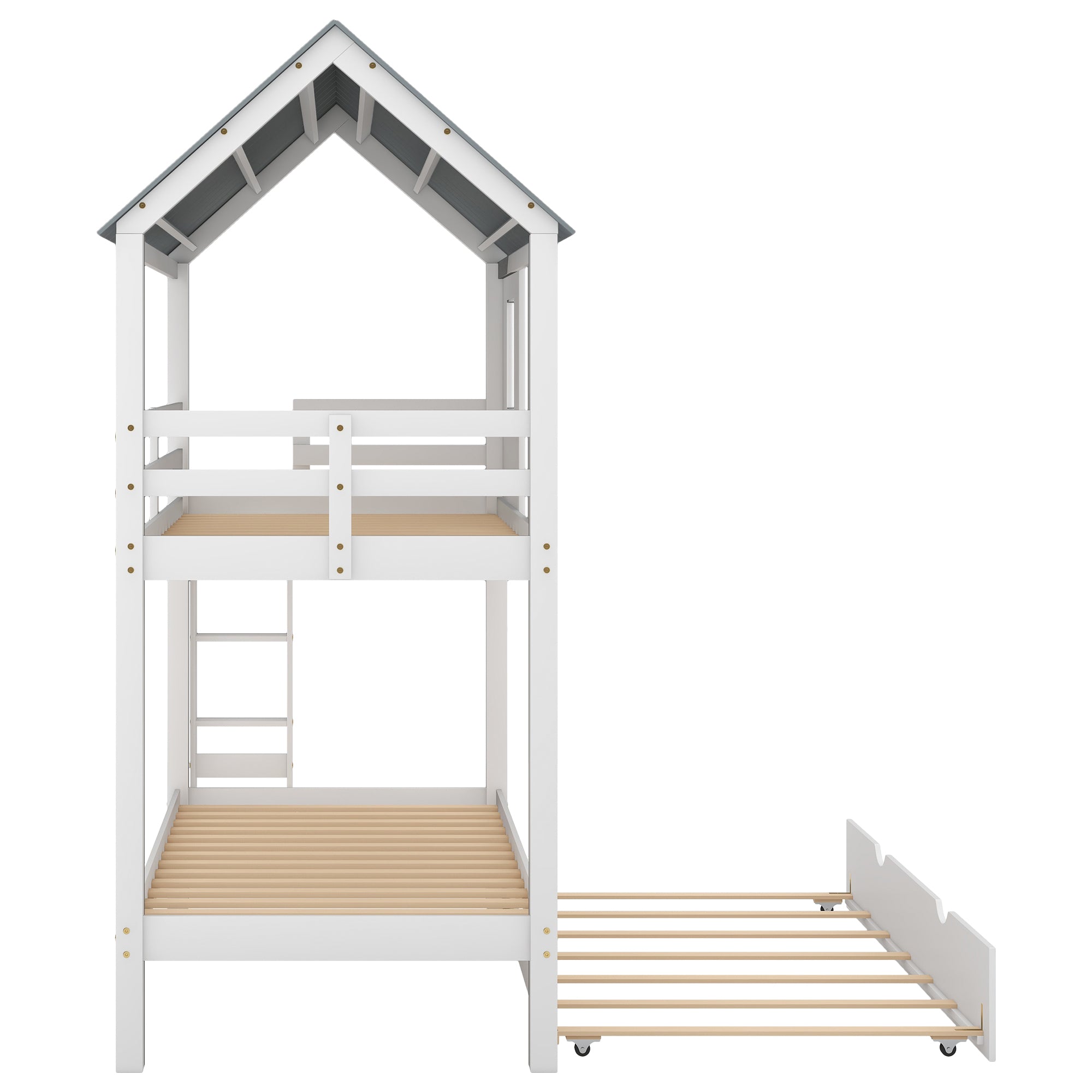 House Bunk Bed with Trundle,Roof and Windows,White(OLD SKU:GX000705AAK)