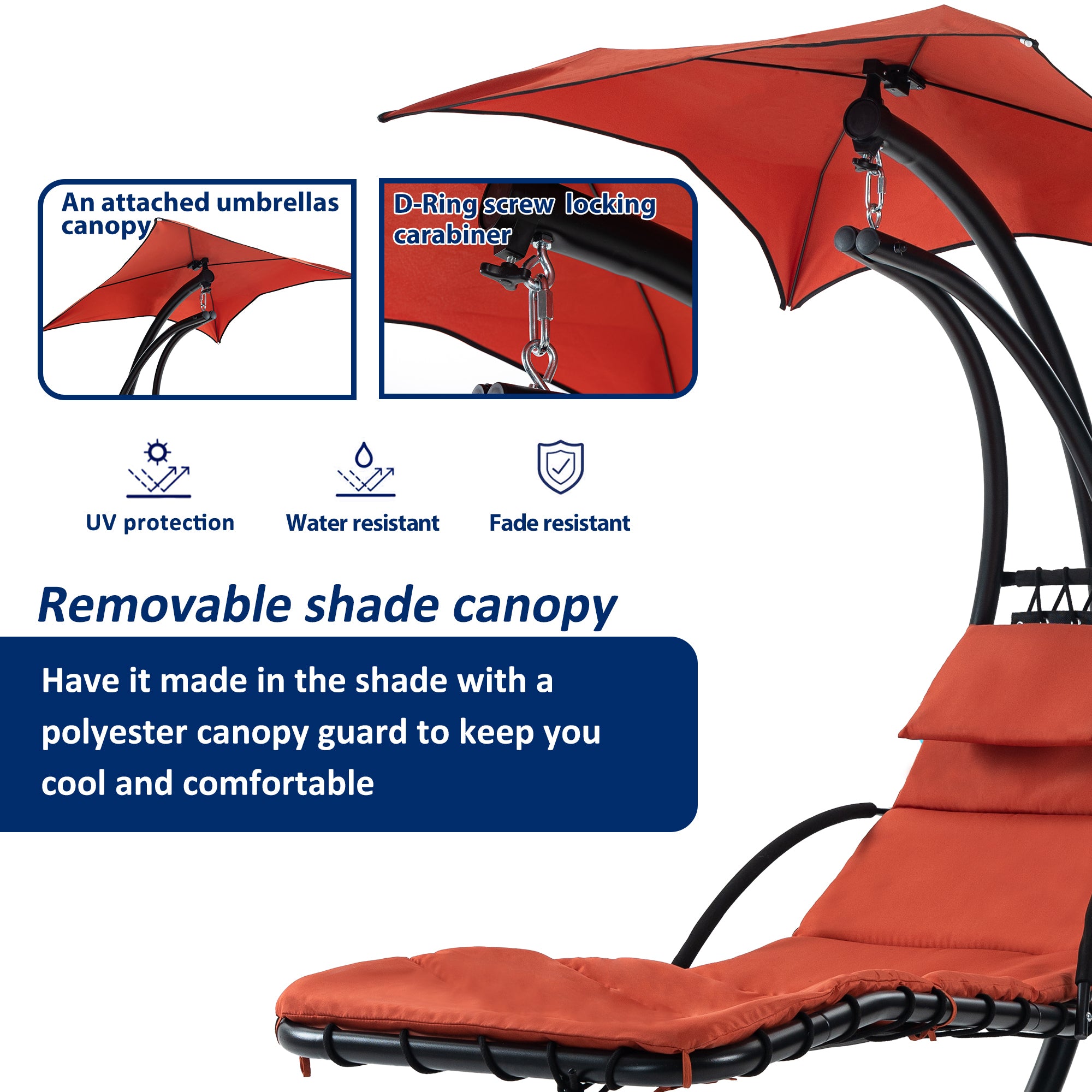 Hanging Chaise Lounger with Removable Canopy, Outdoor Swing Chair with Built-in Pillow, Hanging Curved Chaise Lounge Chair Swing for Patio Porch Poolside, Hammock Chair with Stand (Orange)