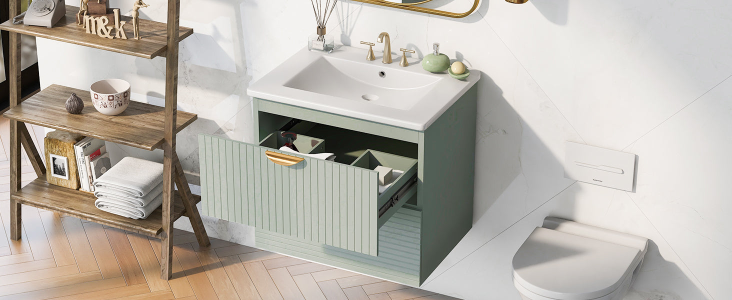 Modern 24-Inch Wall-Mounted Bathroom vanity with 2 Drawers, Green - Ideal for Small Bathrooms